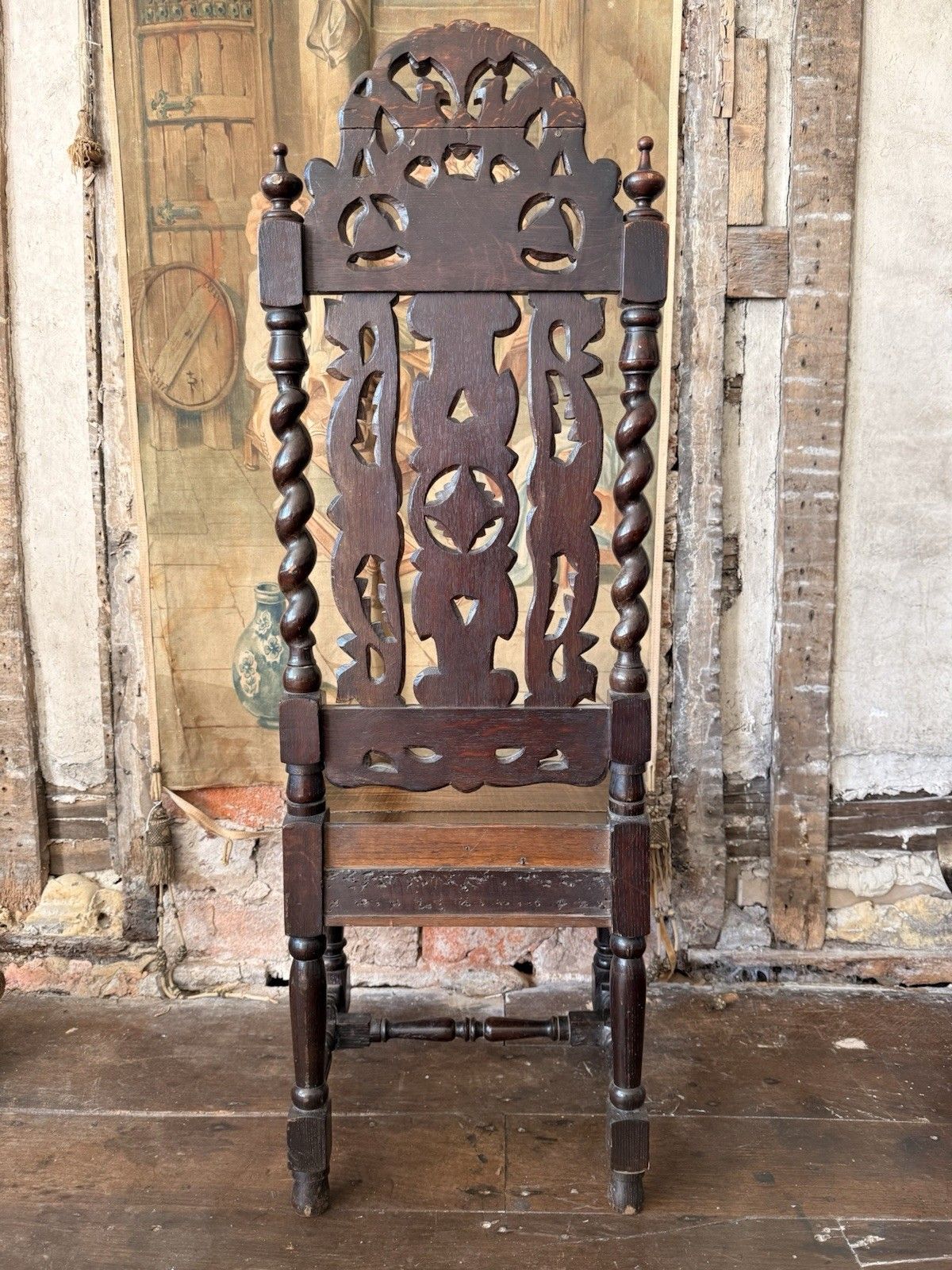 Furniture Elborate Antique Carved  Oak Barley Twist Carolean Gothic Hall Chair 19thc photo