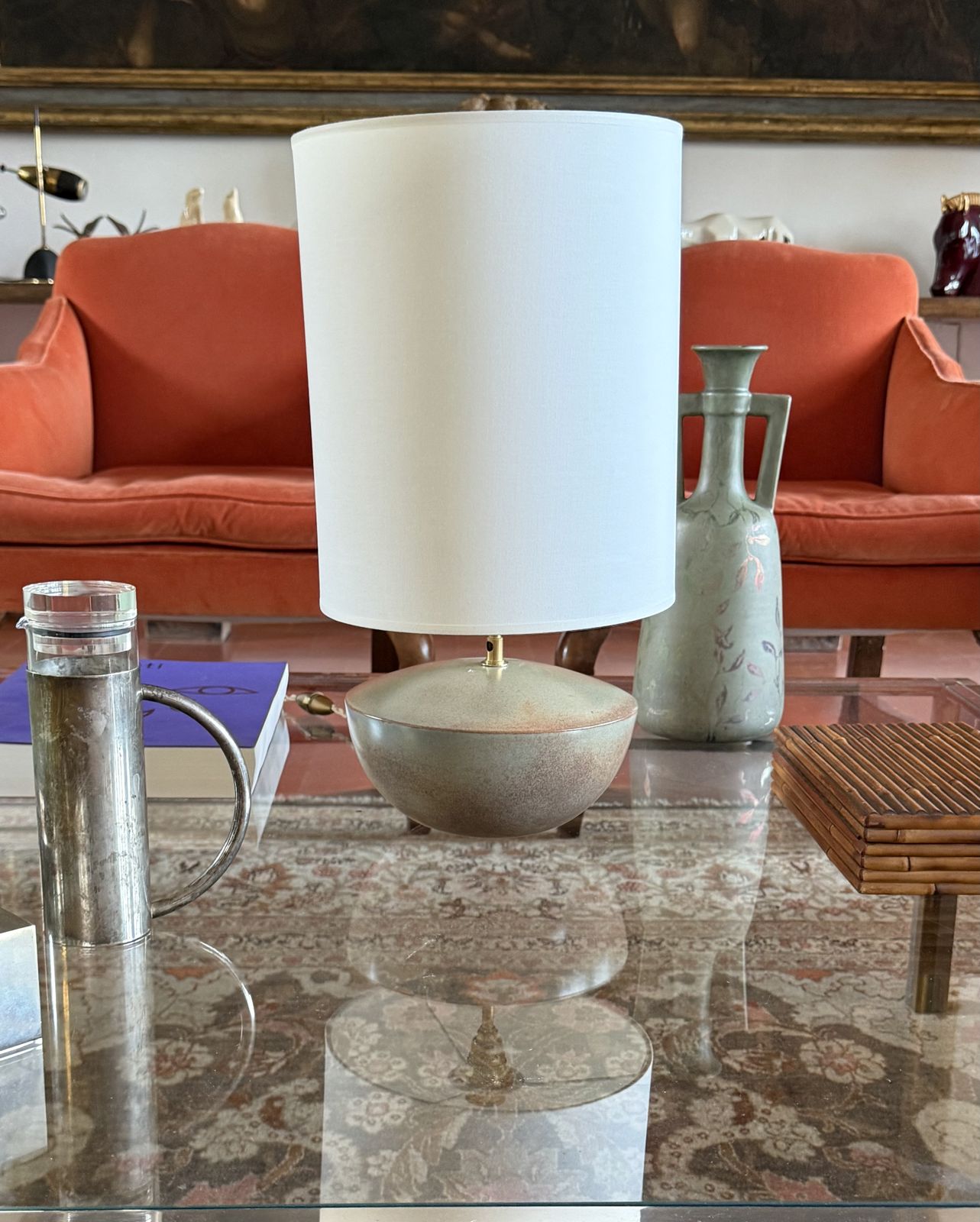 Mid Century Modern Green Ceramic Lamp Base, Alain Di Bin France 1960s photo for sale