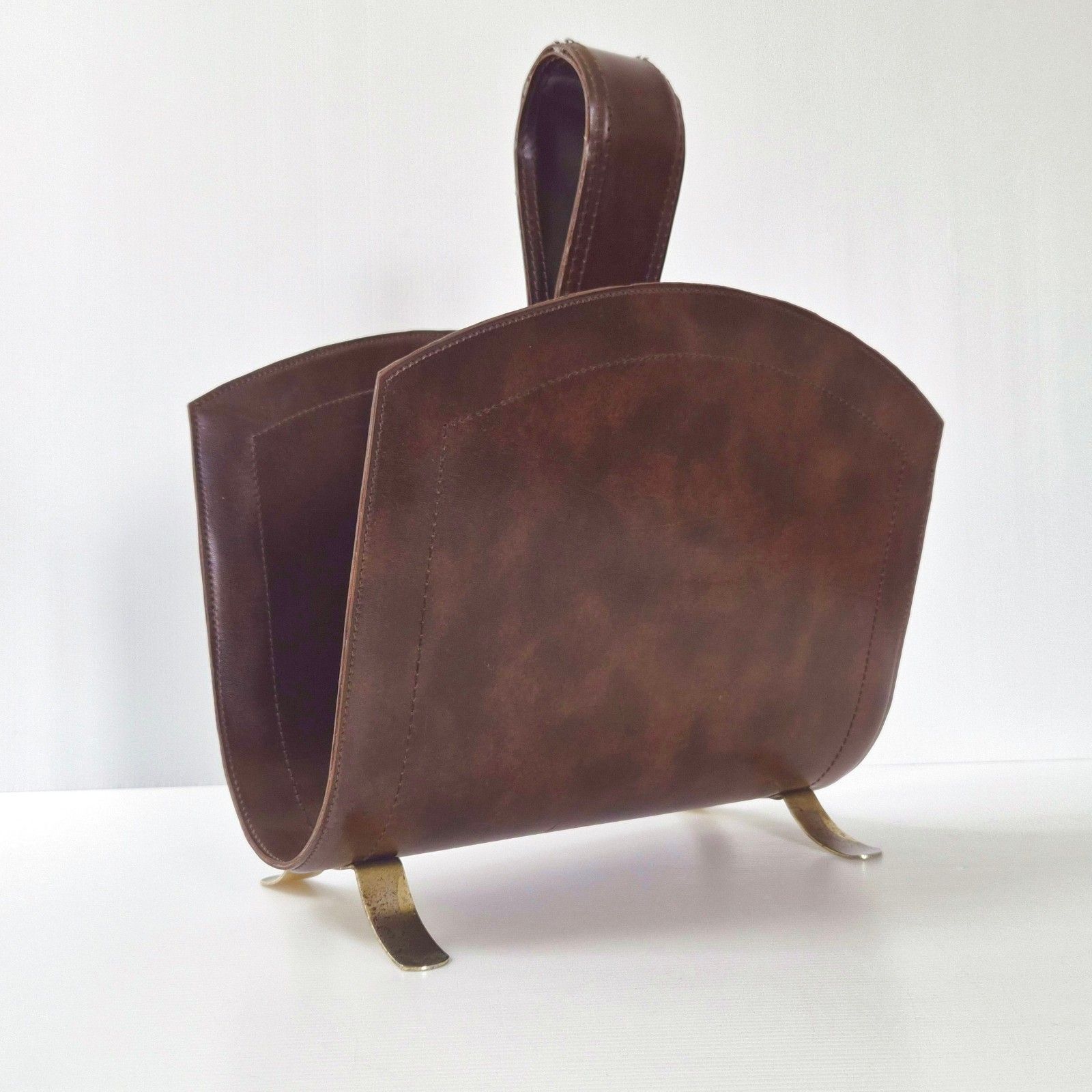 photo for sale Vintage 1970s Leather & Metal Gold Dlg Jacques Adnet Magazine Rack 70s 1970s Chic