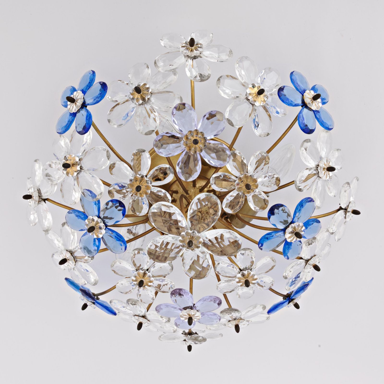 Mid Century Daisy Flush Mount | Vintage Maison Bagues Flower Wall Sconce | Hollywood Regency Lamp Light Cobalt Blue Alexandrite Gold Banci photo for sale