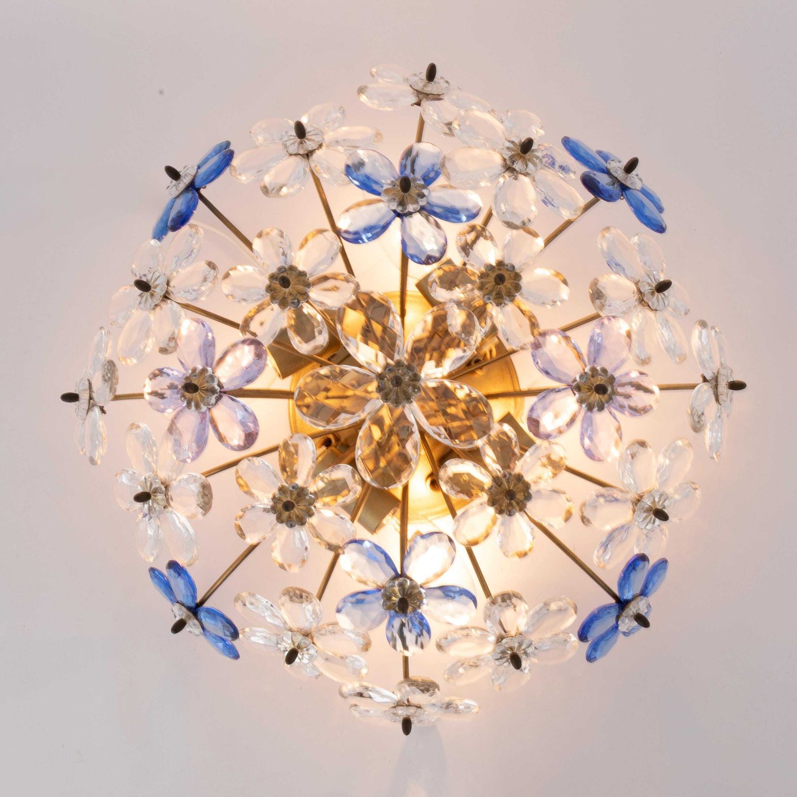 photo vinterior Mid Century Daisy Flush Mount | Vintage Maison Bagues Flower Wall Sconce | Hollywood Regency Lamp Light Cobalt Blue Alexandrite Gold Banci