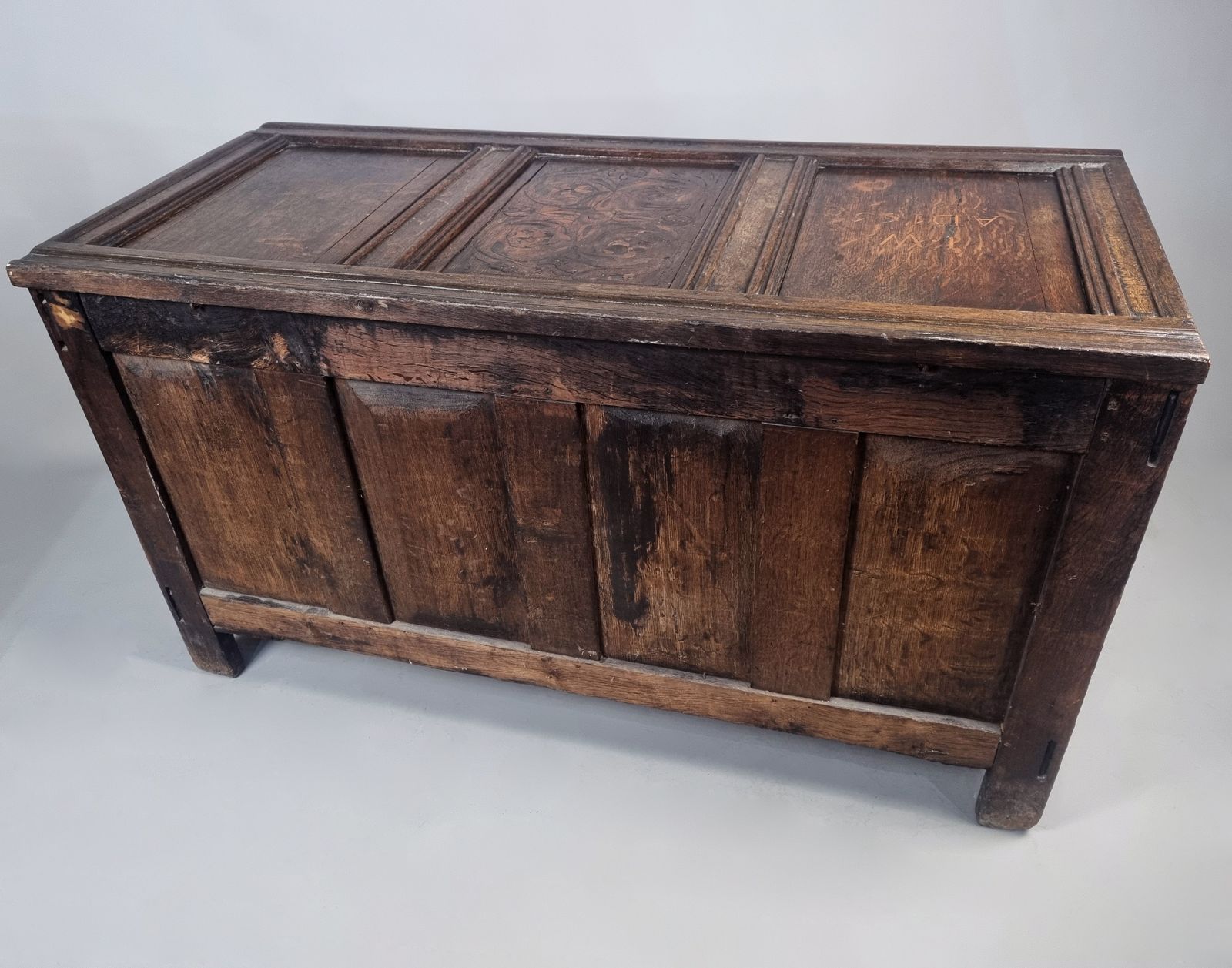 Superb 17th Century Marriage Chest Or Coffer With Marquetry Dated 1658 photo vintage