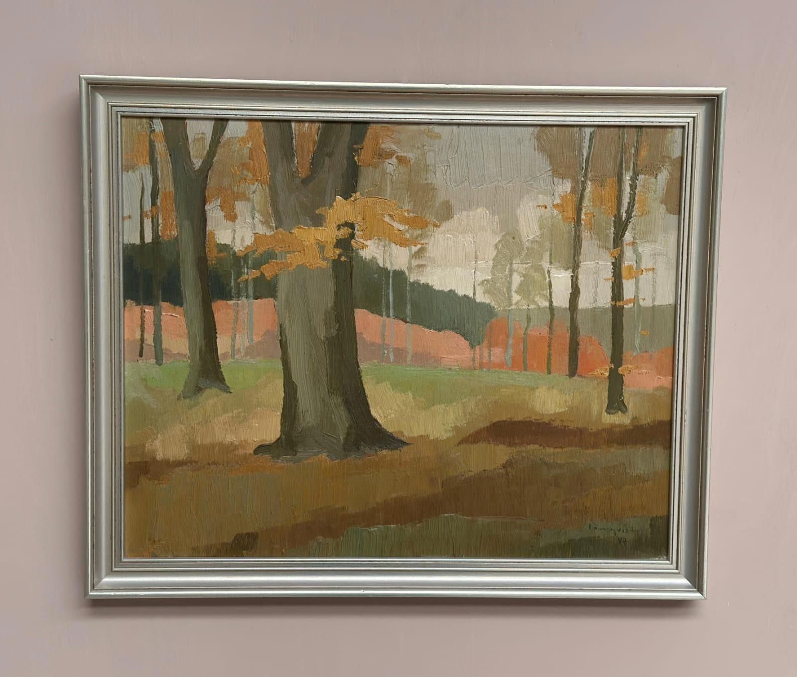 Art Original Mid Century Swedish Oil On Masonite – “Forest Motif” By Lönnqvist – Dated 1947 – Vintage & Framed – 46 × 56 Cm (18.1" × 22") photo