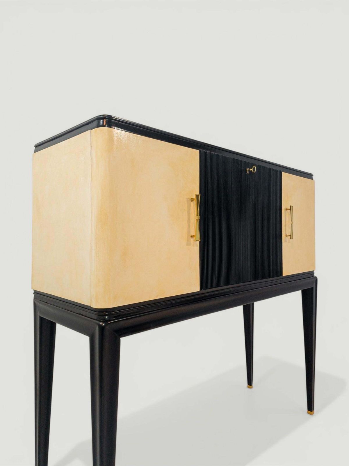 Italian Midcentury Black Lacquered Parchment Cabinet Bar Or Sideboard, 1950s photo 6104.0
