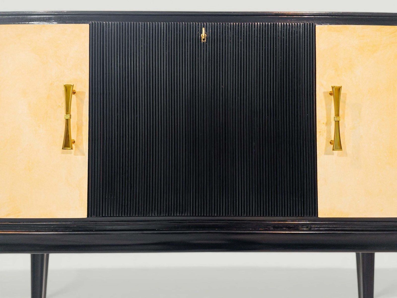 6104.0 Italian Midcentury Black Lacquered Parchment Cabinet Bar Or Sideboard, 1950s photo