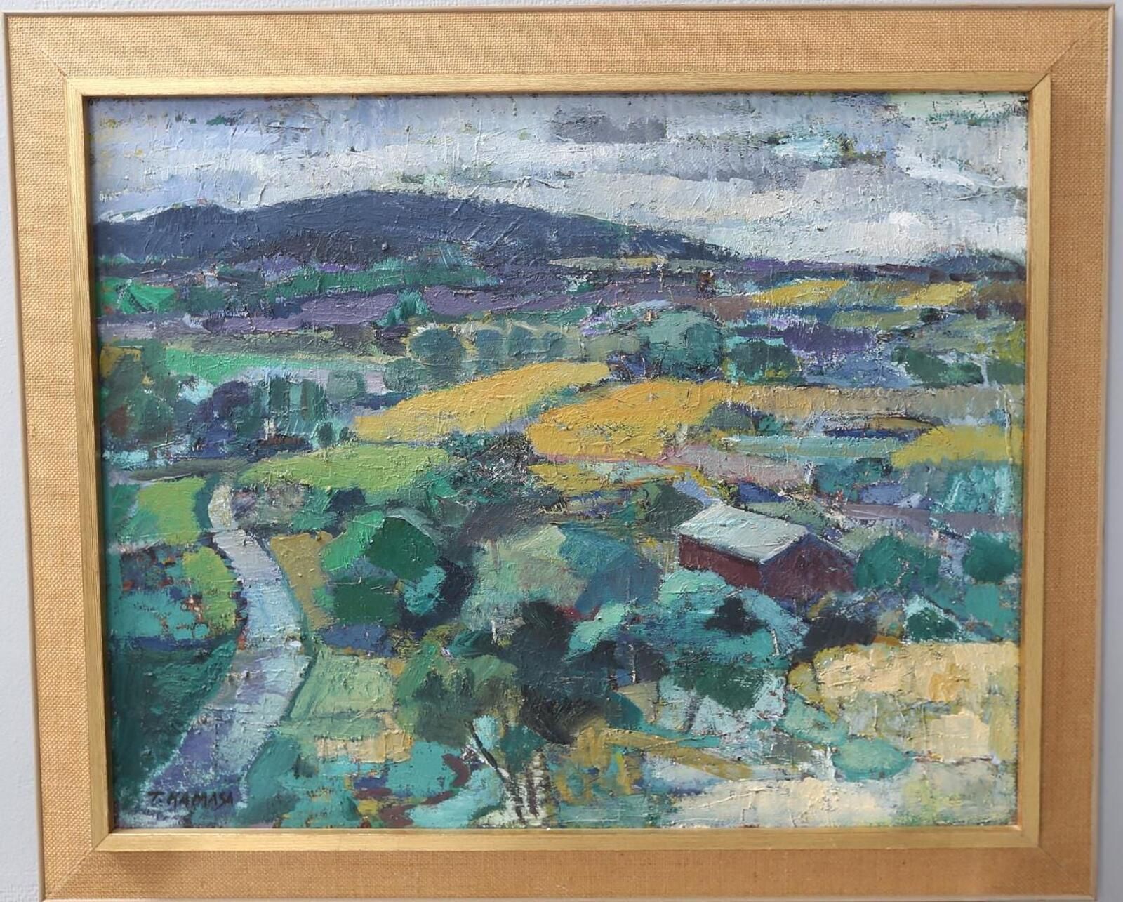 Original Mid Century European Oil On Canvas – Landscape By Tadeusz Kamasa –  – Vintage & Framed 88 × 73 Cm (34.6" × 28.7") photo furniture