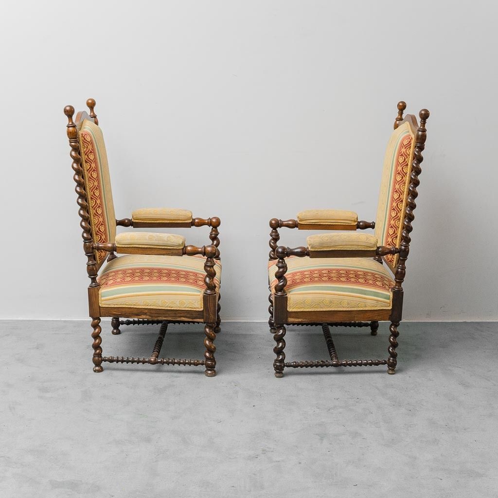Pair Of Antique Wood And Fabric Armchairs With Armrests – Classic Style photo for sale