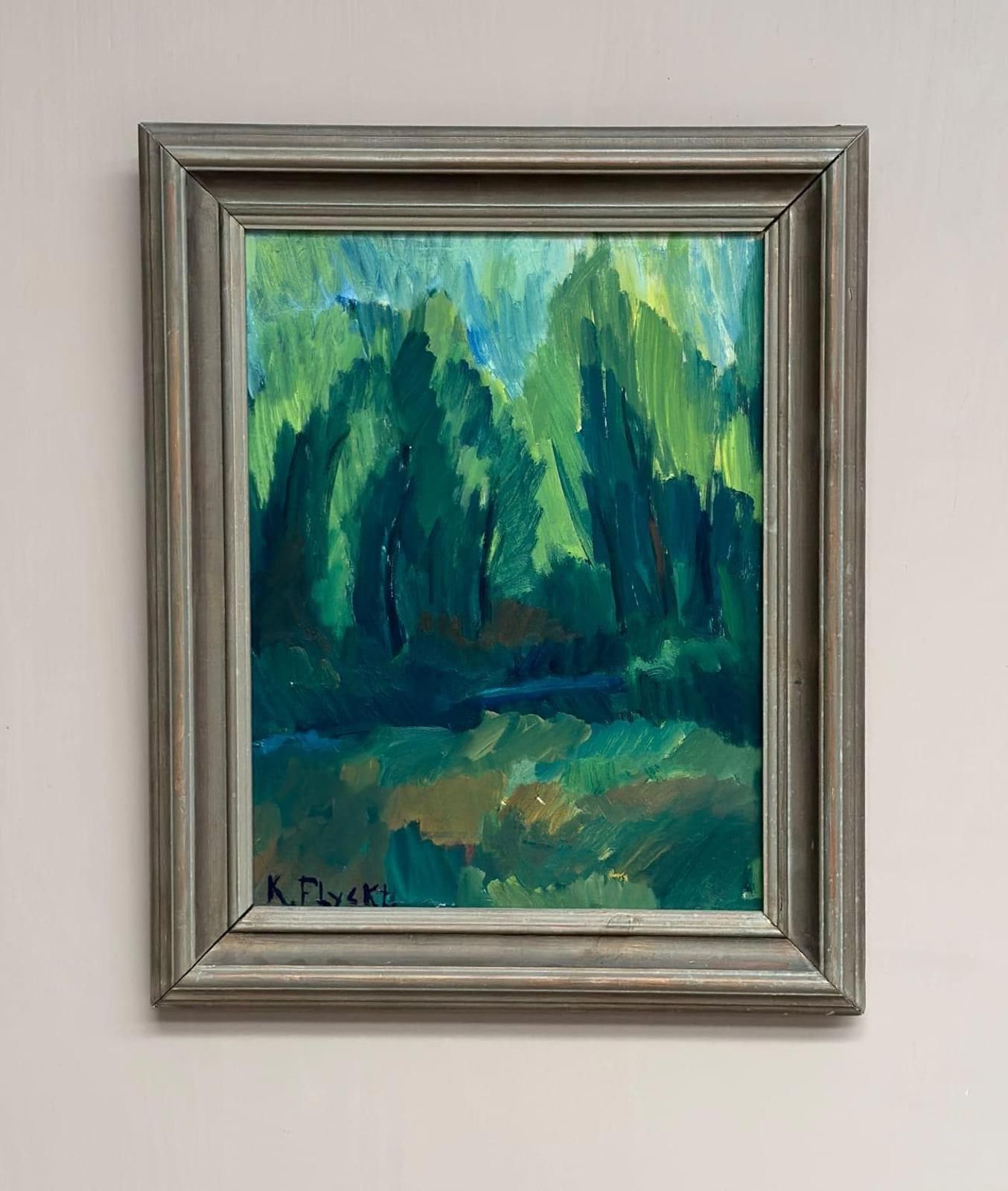 Original Mid Century Swedish Oil On Panel – “The Forest Landscape” By Kersti Flyckt – Vintage & Framed – 56.5 × 46 Cm (22.2" × 18.1 photo vinterior
