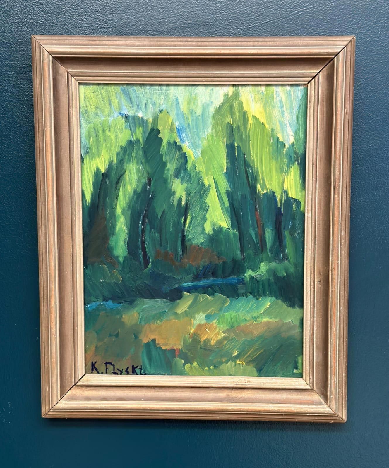 photo vinterior Original Mid Century Swedish Oil On Panel – “The Forest Landscape” By Kersti Flyckt – Vintage & Framed – 56.5 × 46 Cm (22.2" × 18.1