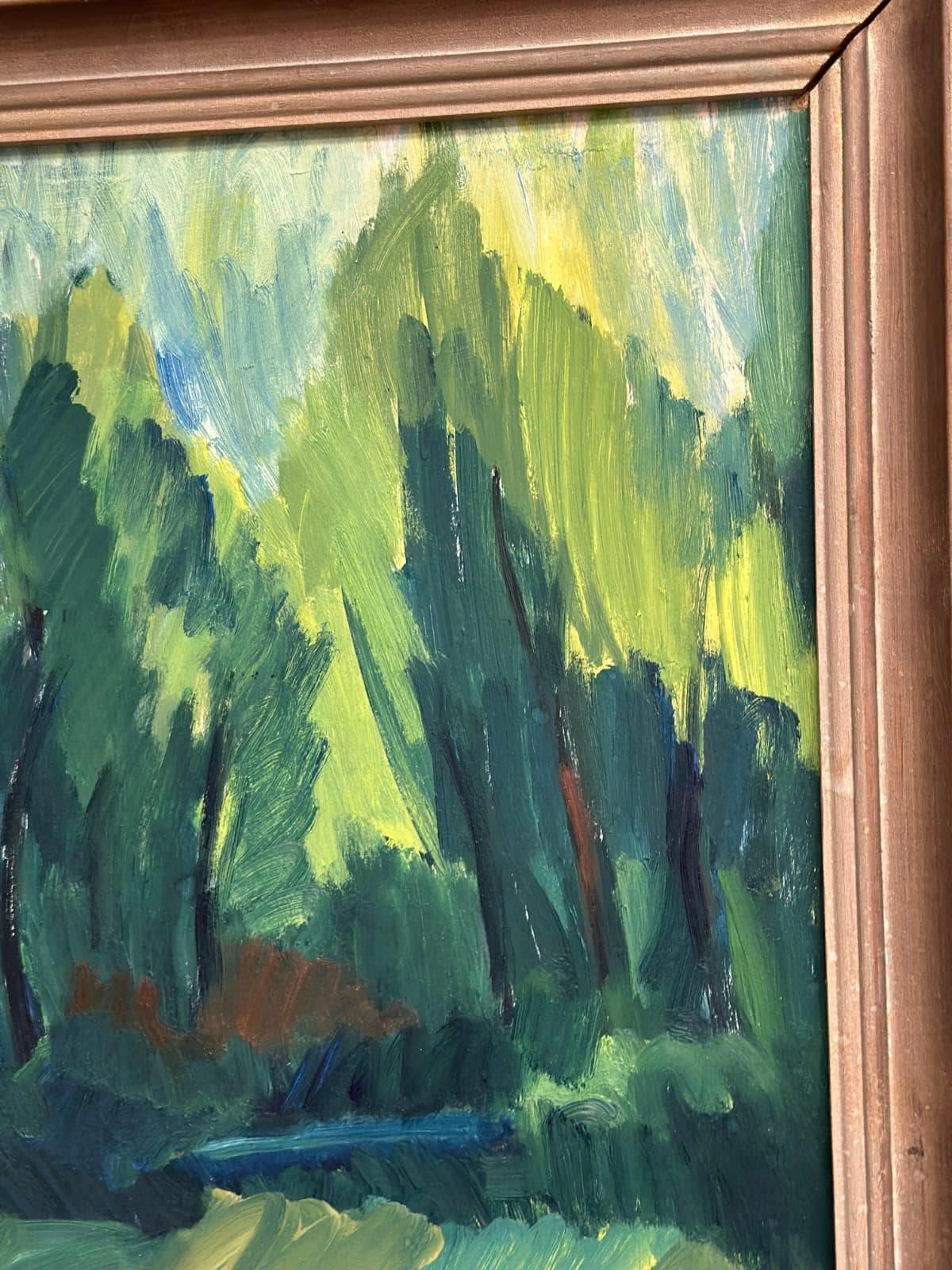 photo buy Original Mid Century Swedish Oil On Panel – “The Forest Landscape” By Kersti Flyckt – Vintage & Framed – 56.5 × 46 Cm (22.2" × 18.1