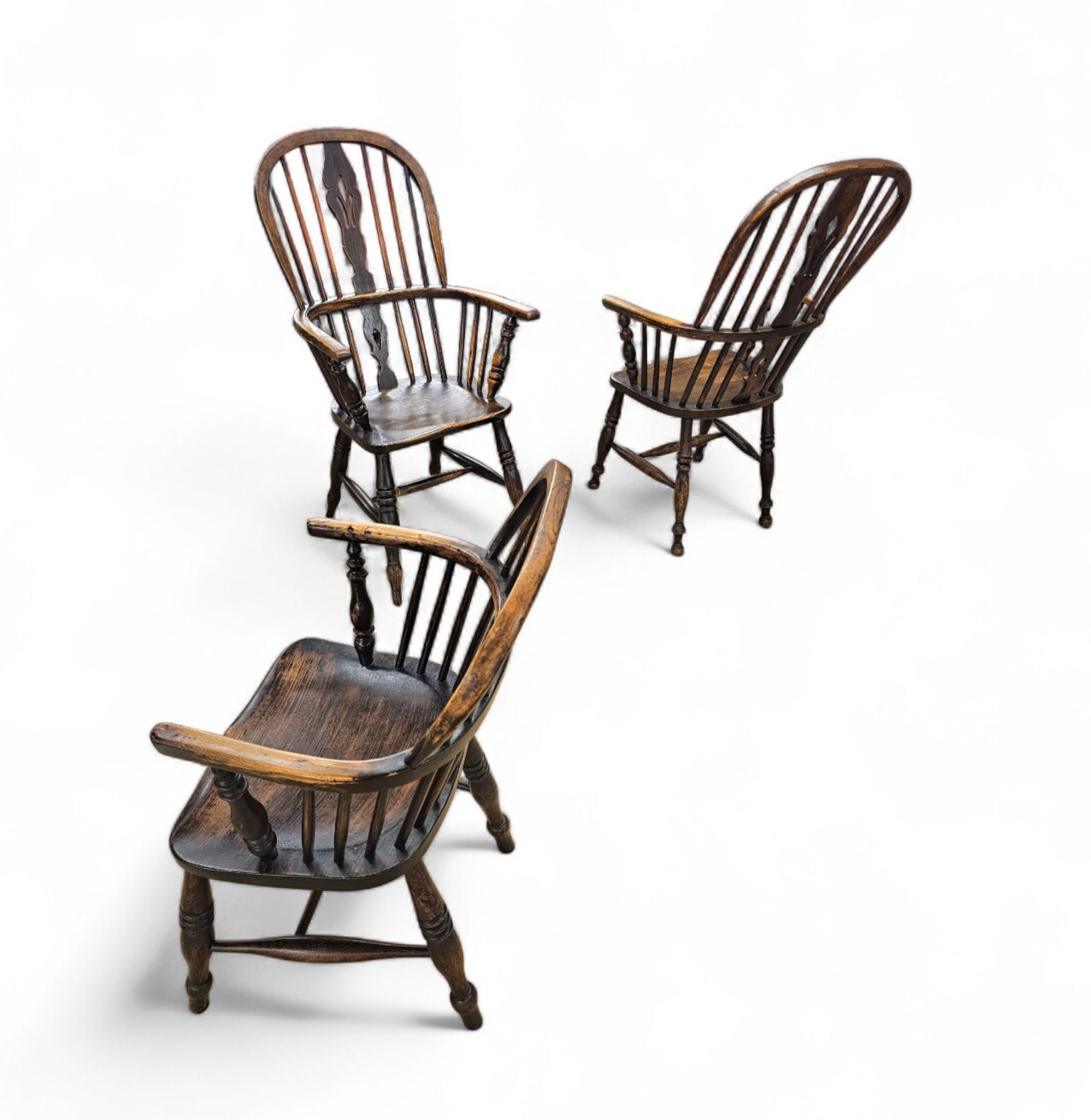 4 X Antique Windsor 2 Low / 2 High Spindle Back Arm Chair In Elm Wood / 19th Century. photo buy