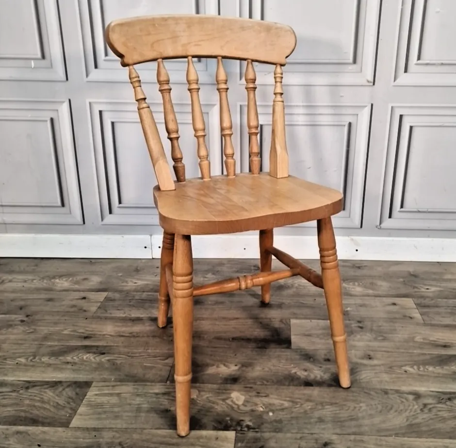 Vintage Wooden Kitchen Chair Spindle Back Farmhouse Country Dining Seat Beech