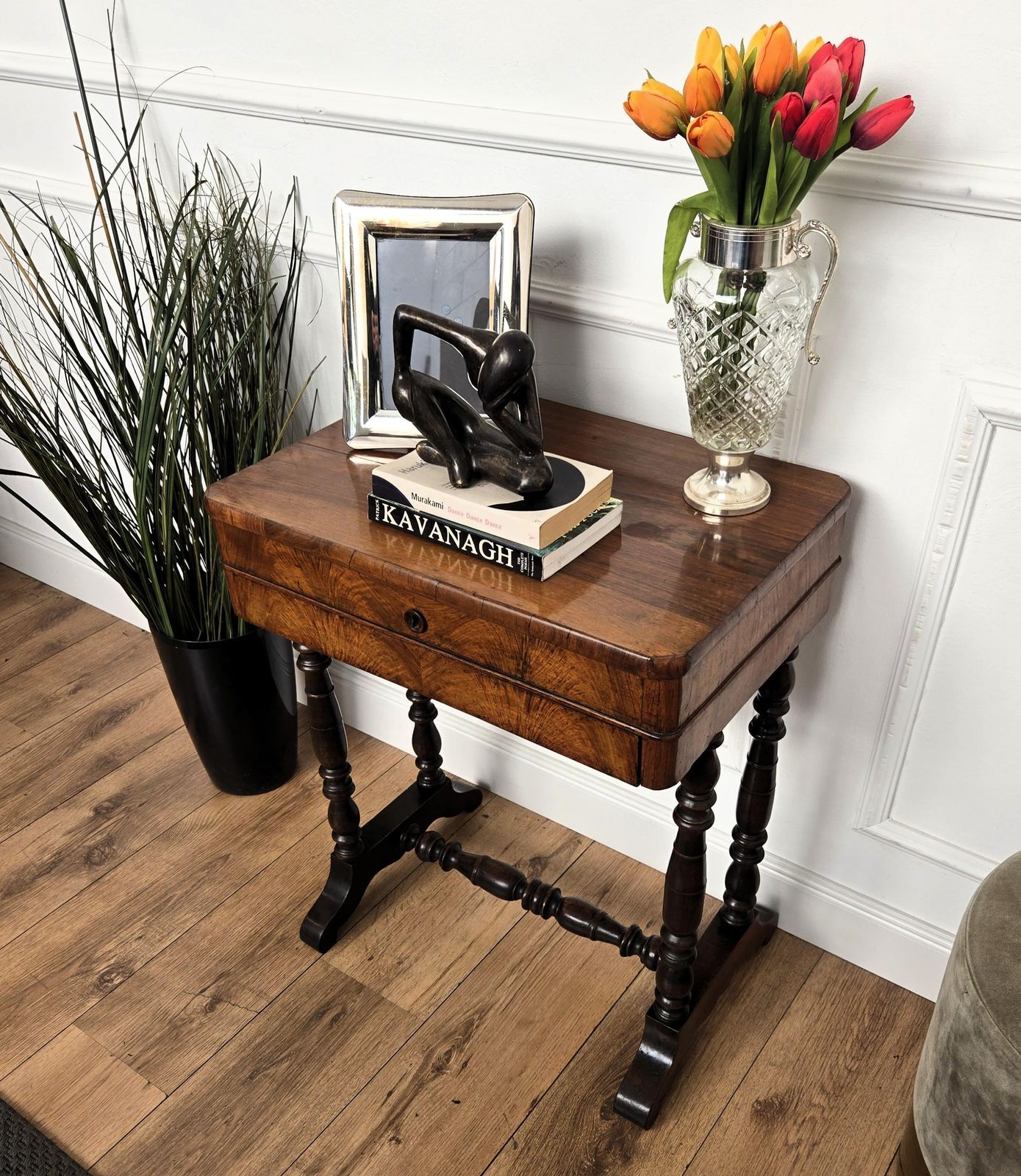 Antique Italian Burl Wood Carved Legs Sewing Side Table photo for sale