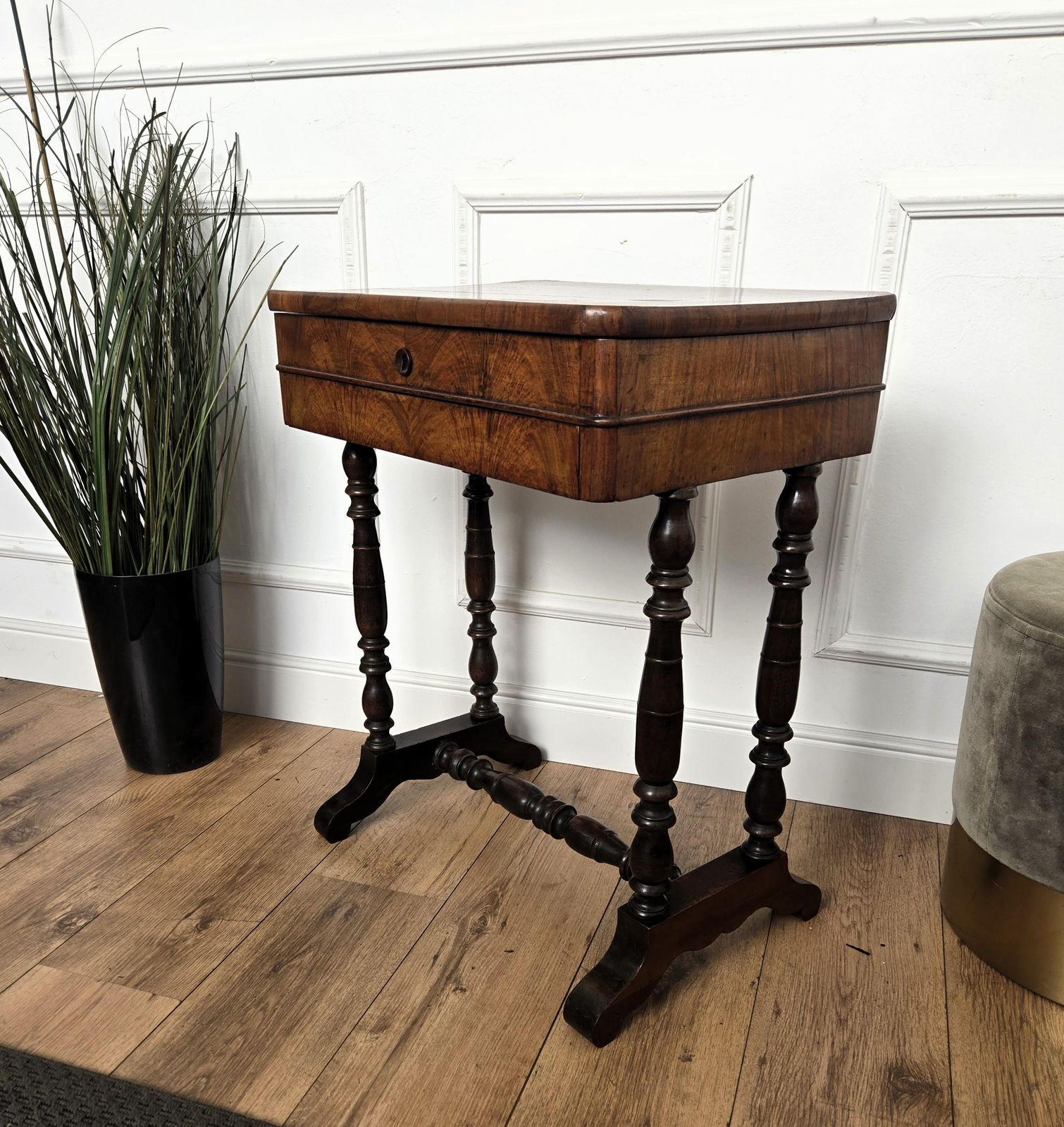 Antique Italian Burl Wood Carved Legs Sewing Side Table photo vintage
