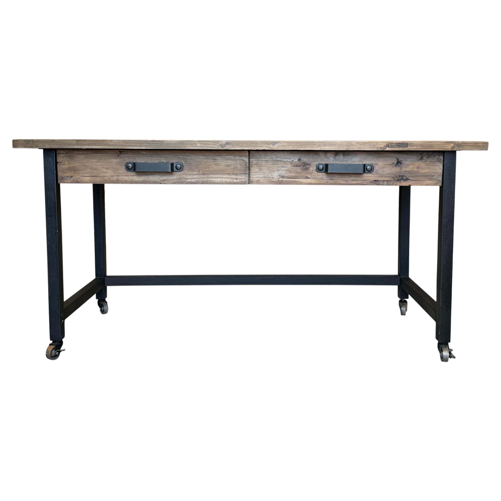 Table de travail ou bureau industriel en pin, pieds en métal, tiroirs et roulettes