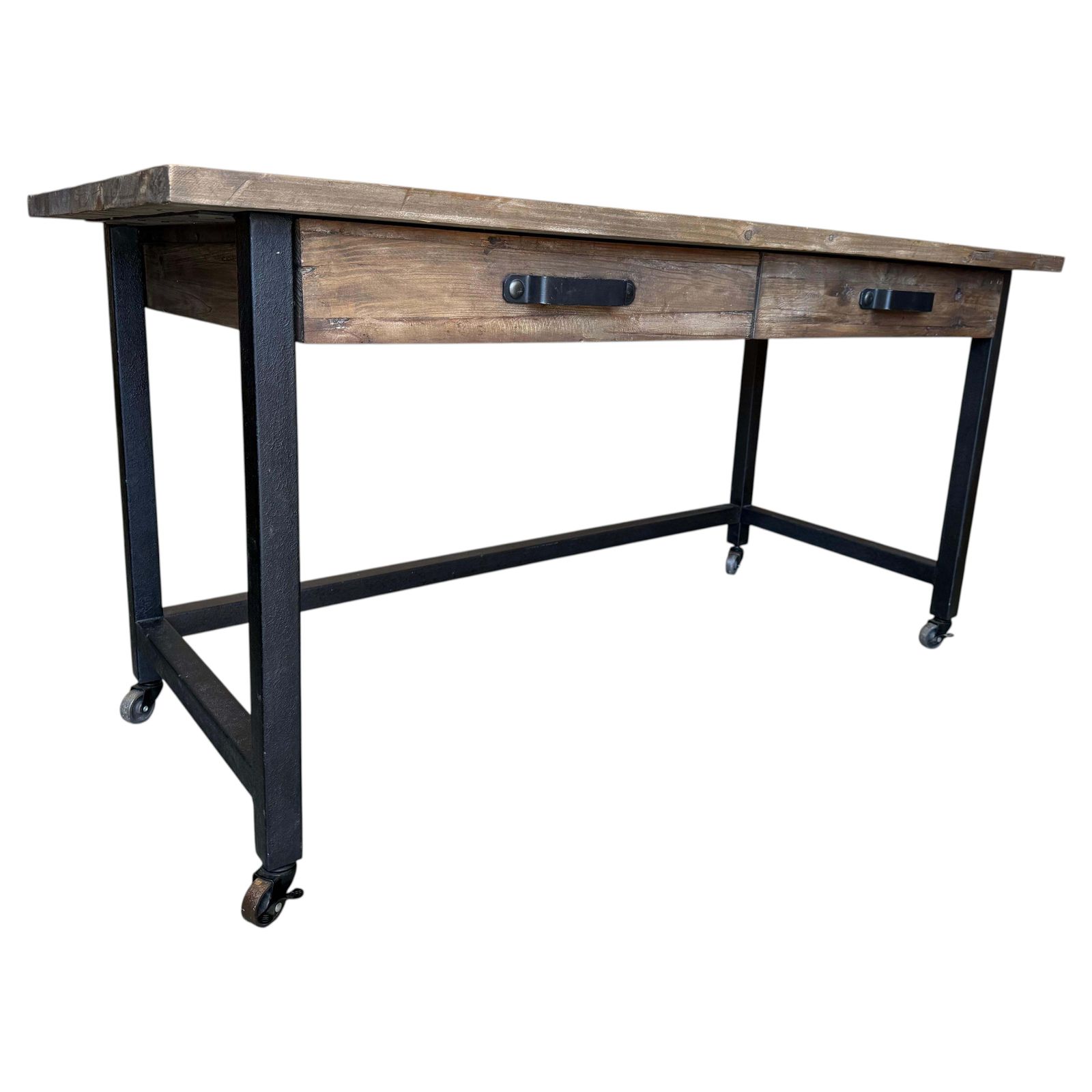 Table de travail ou bureau industriel en pin, pieds en métal, tiroirs et roulettes photo furniture