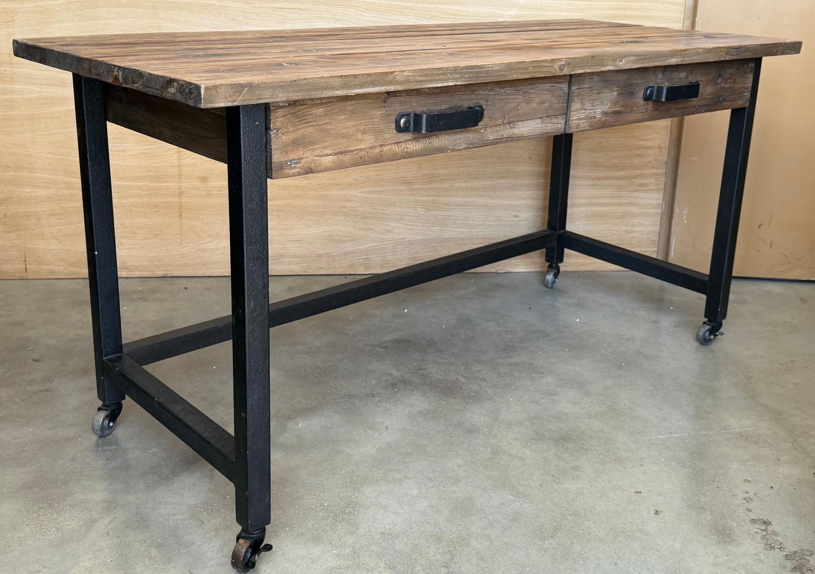 Pine Industrial Work Or Desk Table With Metal Legs, Drawers And Wheels photo 1550.0