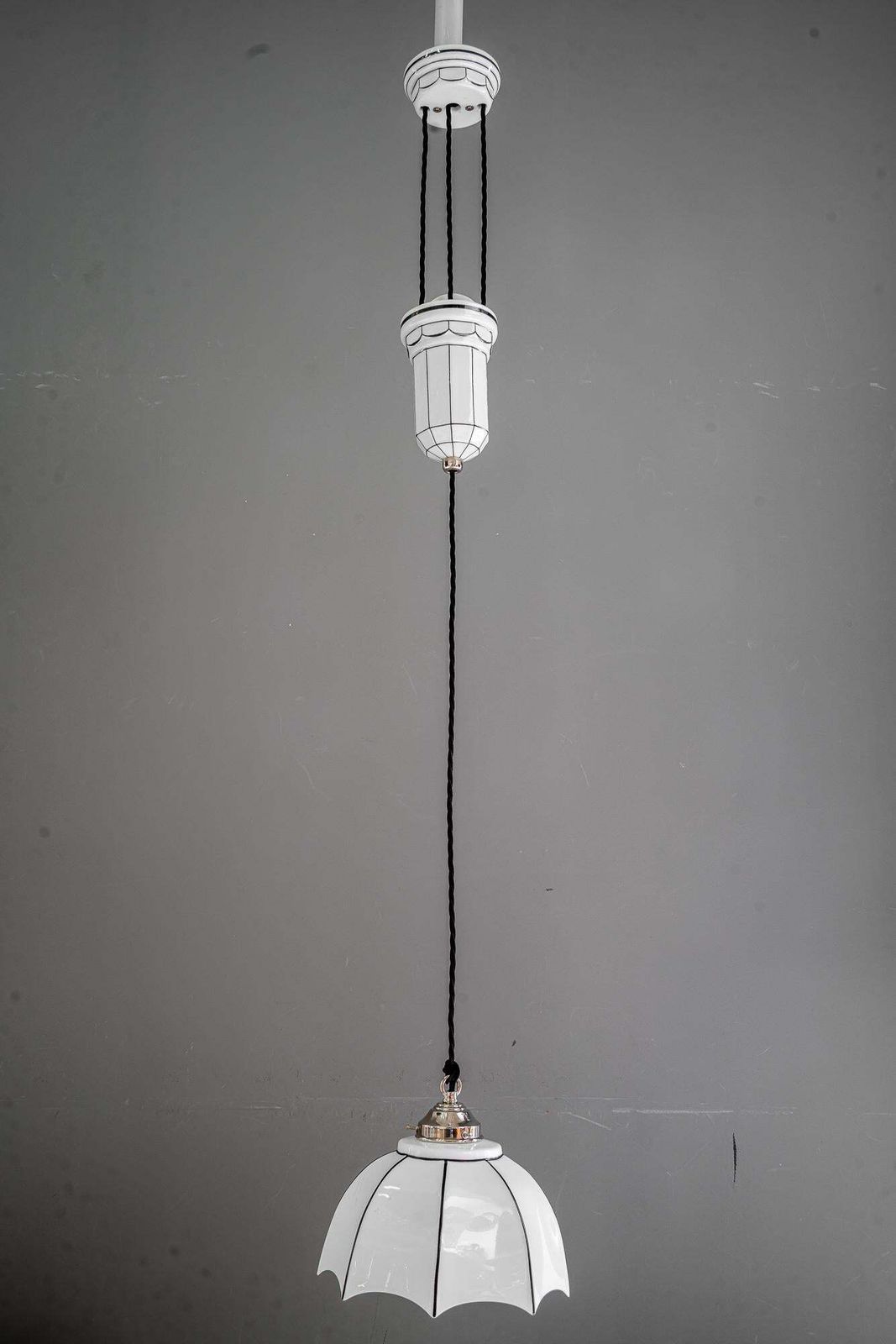photo for sale Adjustable Bauhaus Porcelain Pendant With Opal Glass Shade Vienna Around 1920s