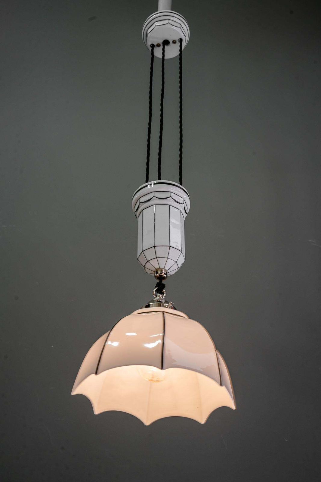 photo buy Adjustable Bauhaus Porcelain Pendant With Opal Glass Shade Vienna Around 1920s