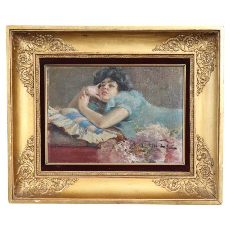A. Villa, Girl Lying Down, Oil Painting On Board, Late 19th Century, Framed