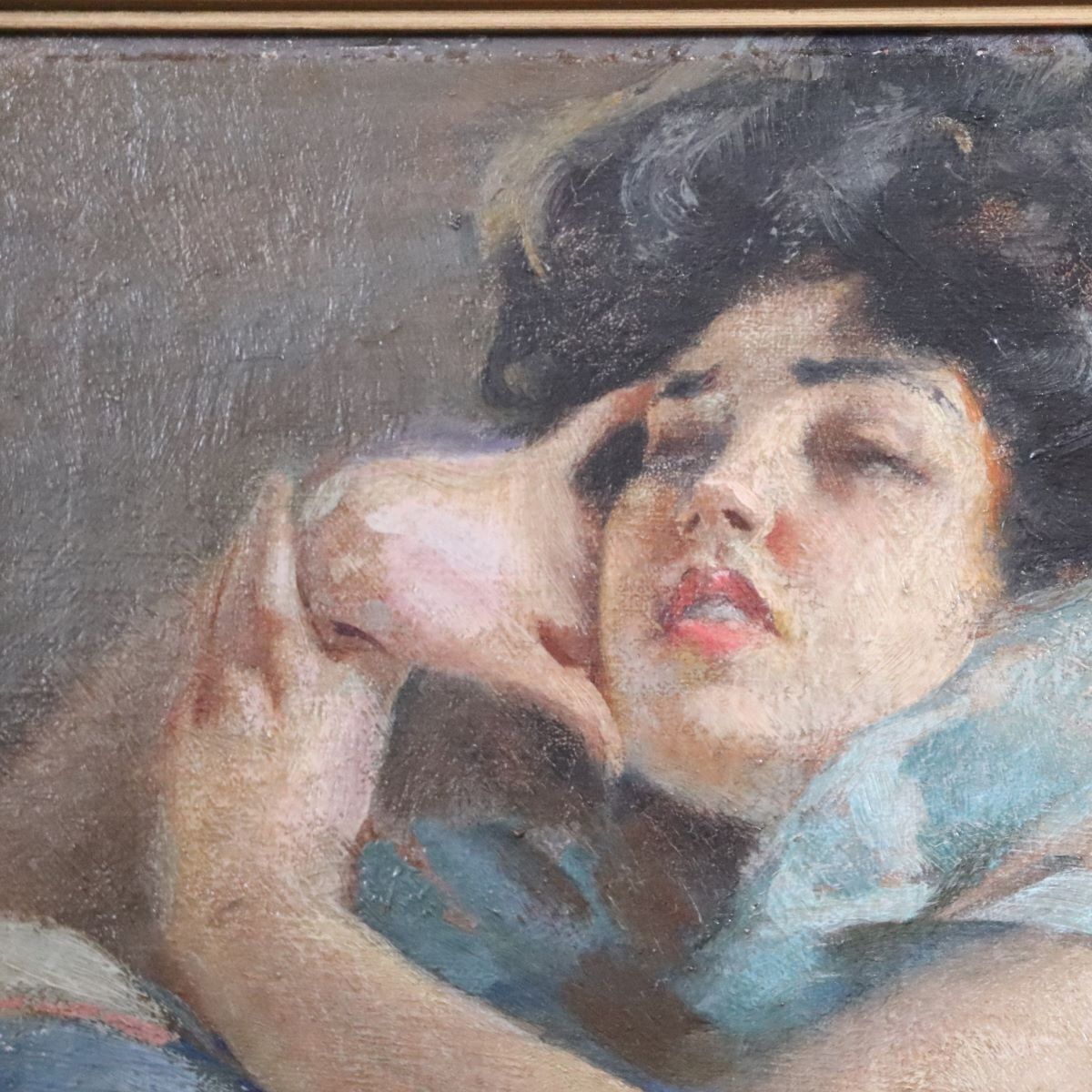 photo for sale A. Villa, Girl Lying Down, Oil Painting On Board, Late 19th Century, Framed