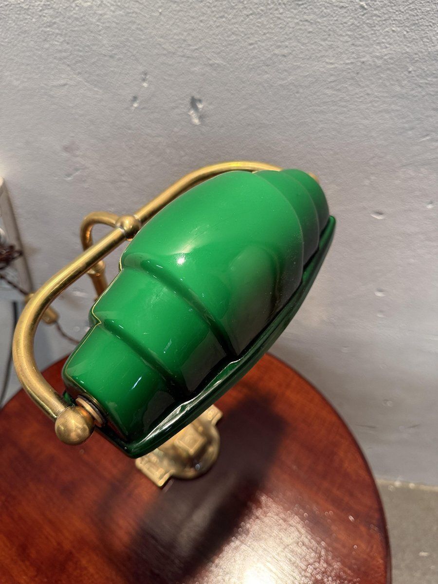 Churchill Ministerial Lamp In Brass And Green Opaline Glass, 1920s photo Lighting