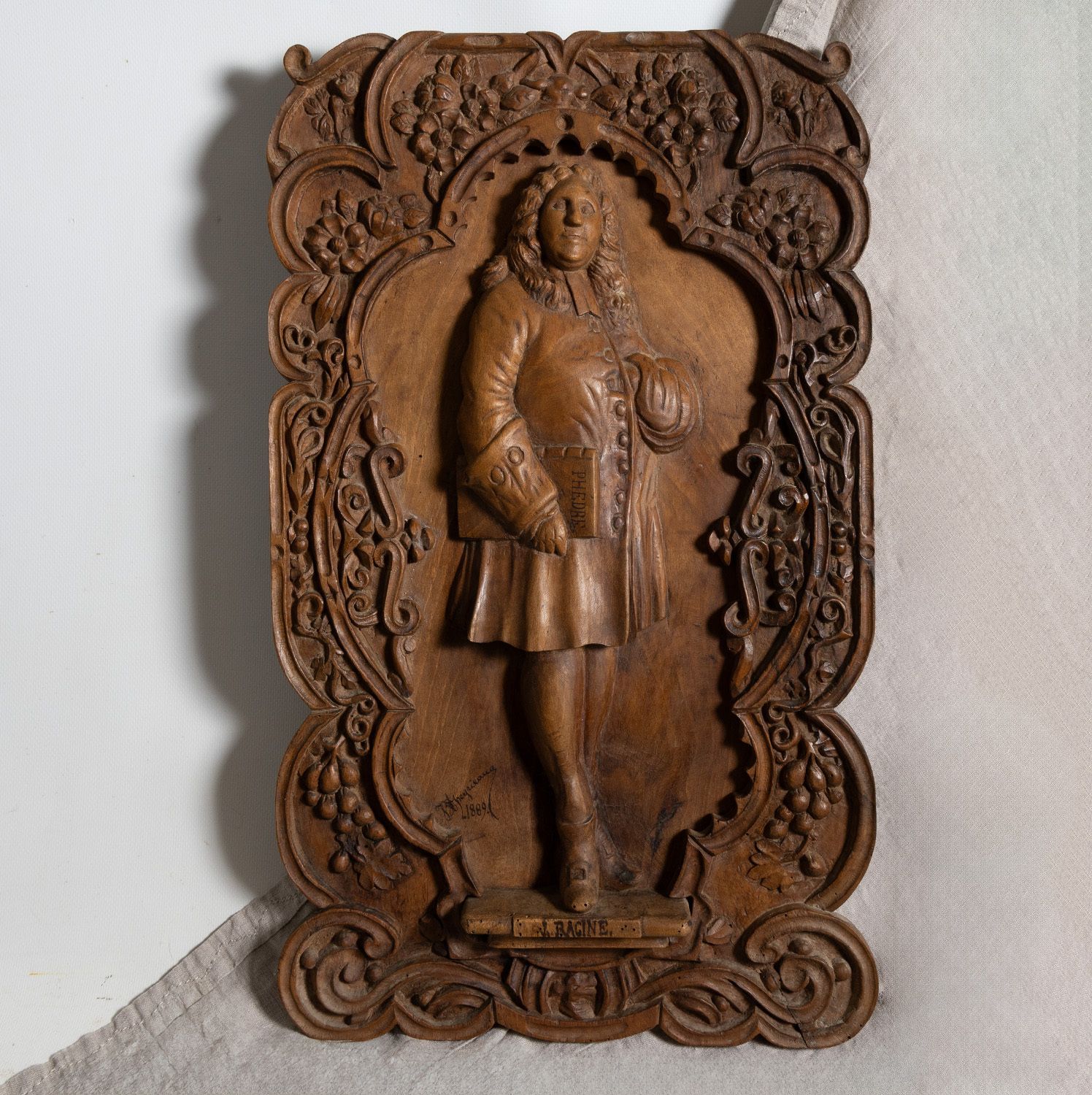 Exceptional French Hand Carved Walnut Relief Panel Depicting The Playwright Jean Racine (1639–1699), Signed And Dated 1889 photo for sale
