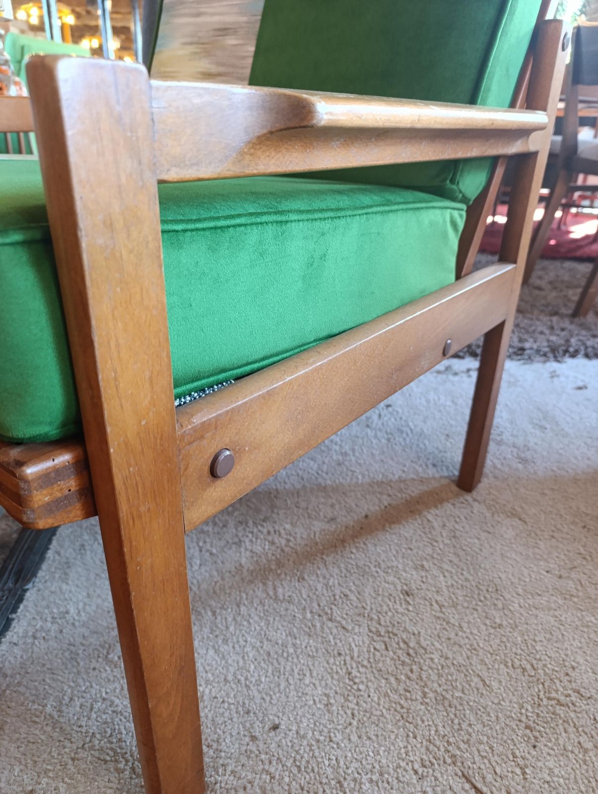 photo furniture 1960s Centa Lounge Armchair | Solid Teak Frame | Newly Upholstered In Green Velvet