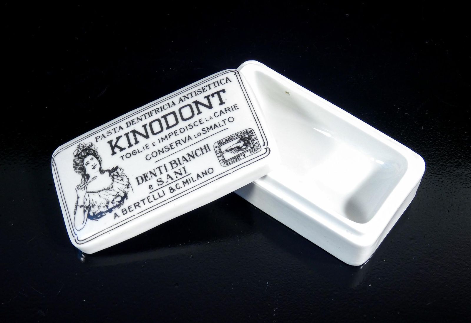 Ginori Porcelain Box With Kinodont Advertisement, Milan, Early 20th Century photo for sale