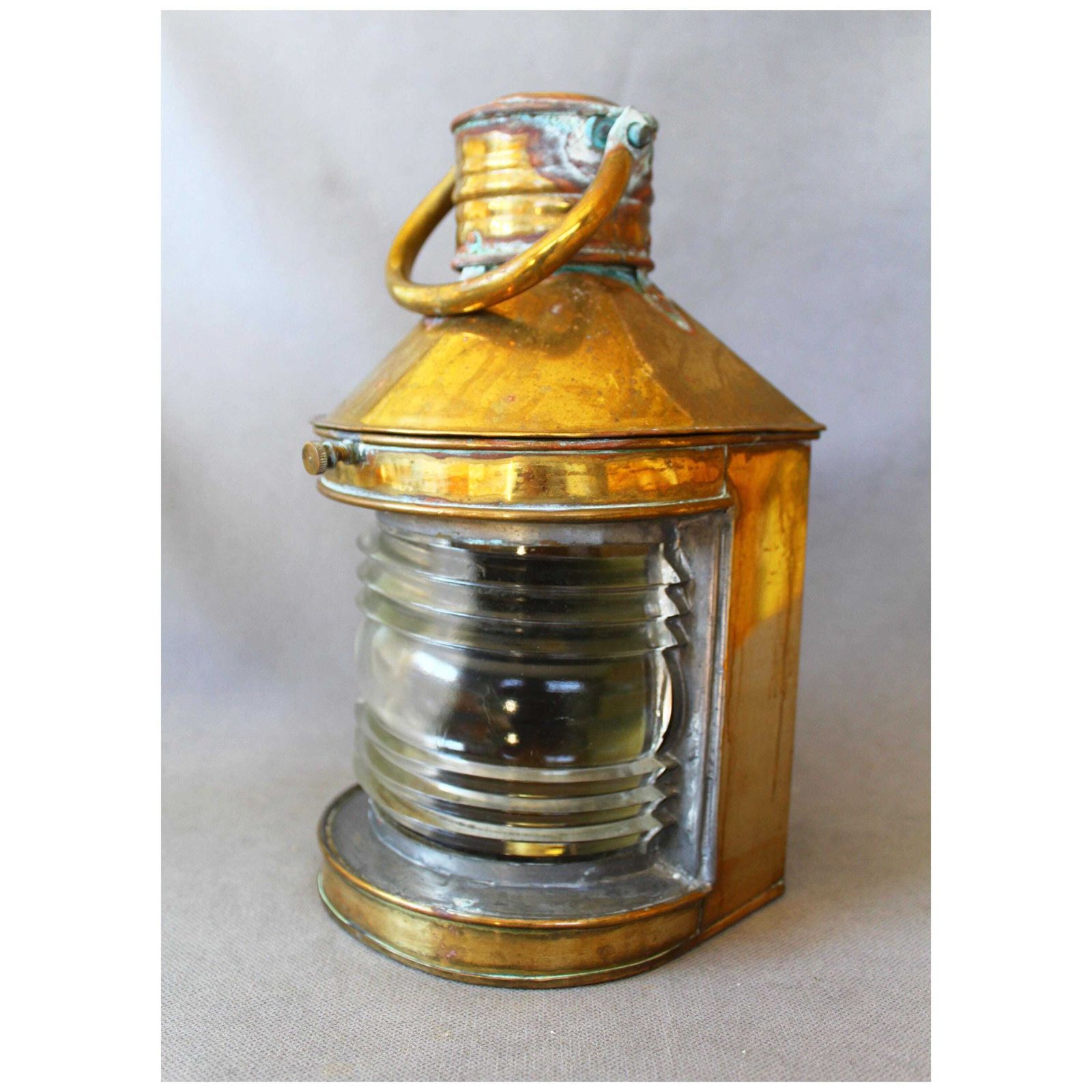 Large Antique Brass Marine Lamp With Glass Fresnel Lens, Was Converted To Electric But Needs Rewiring, Navigational Ship, Country Farmhouse