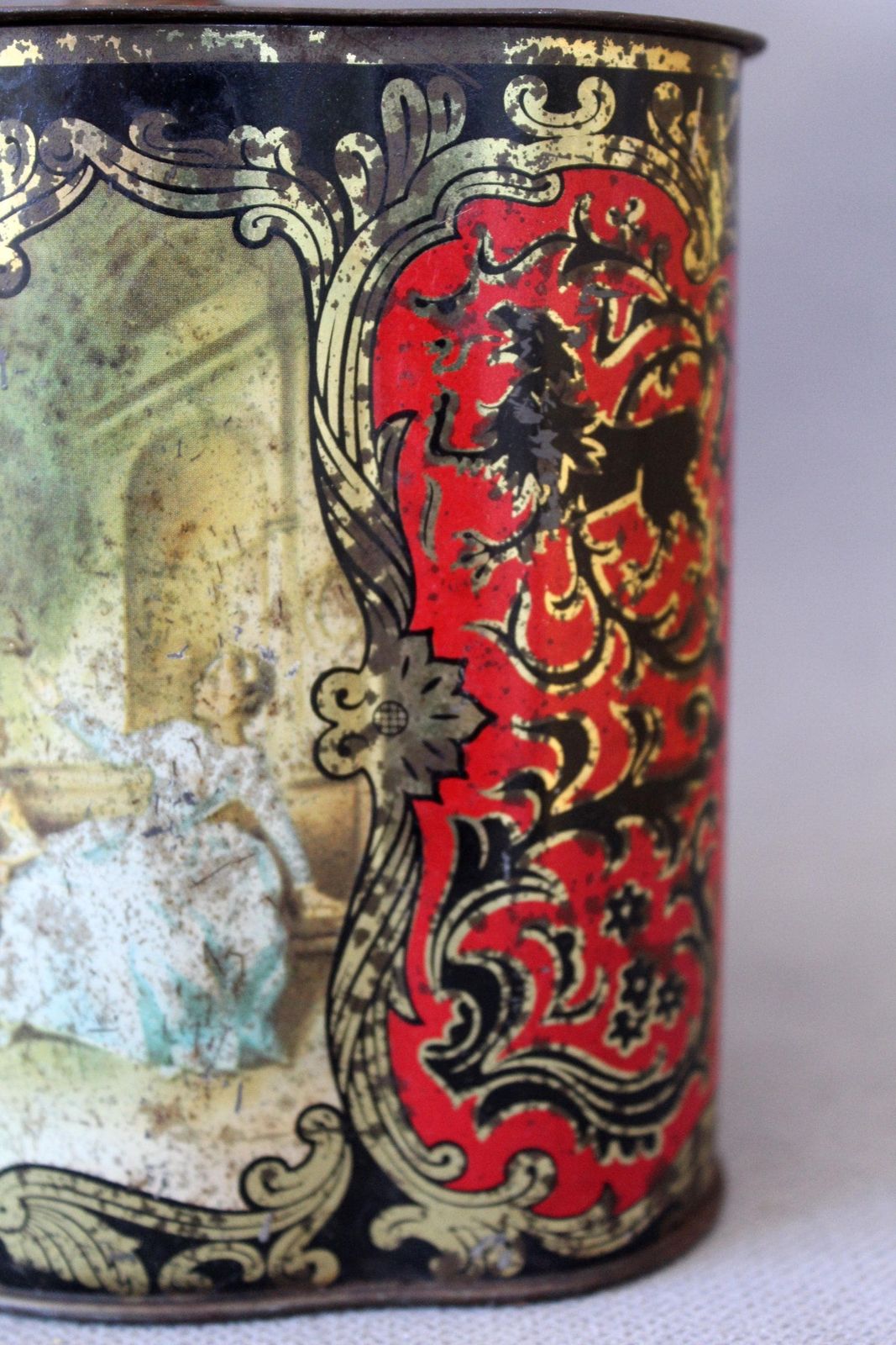 photo furniture Two Collectable Tin Metal Boxes, One Very Large Round Art Nouveau Antique From Belgium, Vintage Western Germany, Red, Embossed