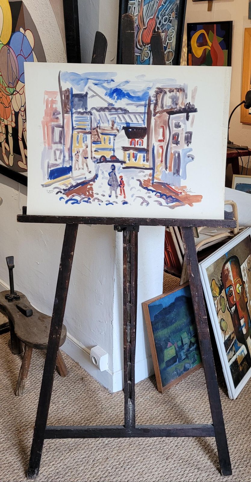 photo vinterior Abstract Expressionist French Urban Scene. Gouache On Paper. 50cm X 65cm From 1976 By André Pierard