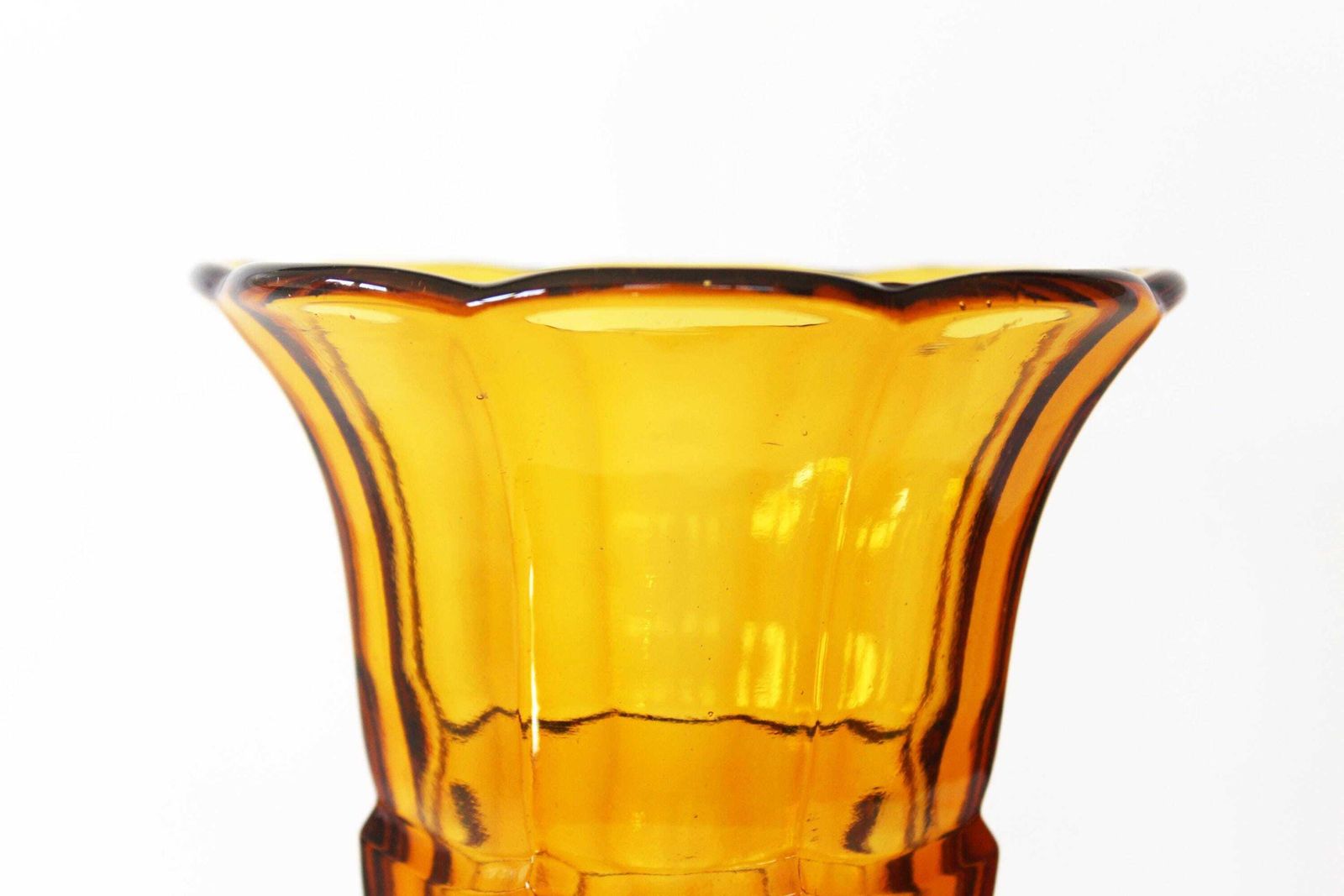 Tall Vintage Art Deco Amber Glass Vase, Pressed Glass, Tulip Vase, Trumpet Vase, Scailmont Belgium photo for sale