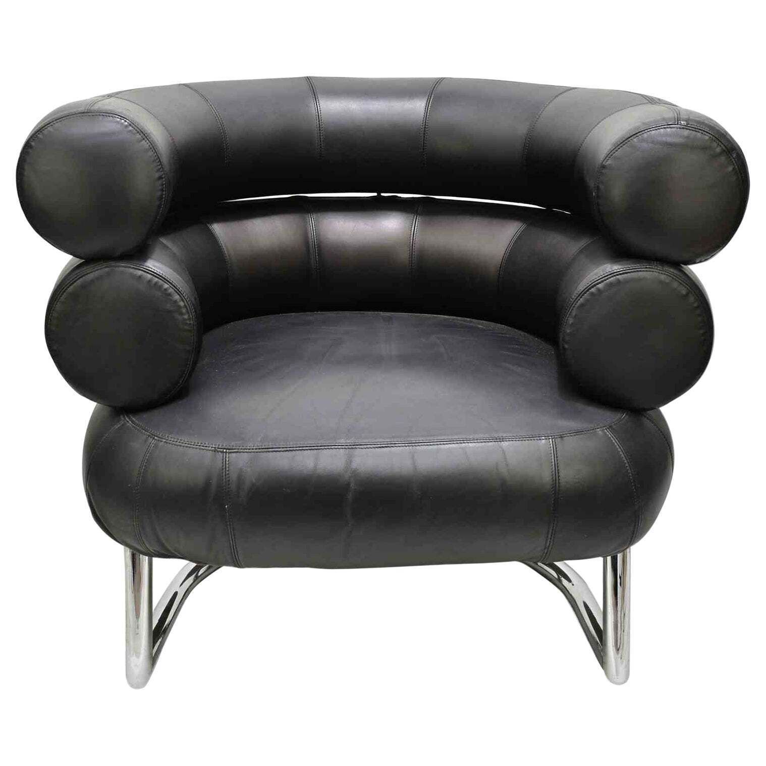 Bibendum Black Leather Chair By Eileen Gray, 1980s