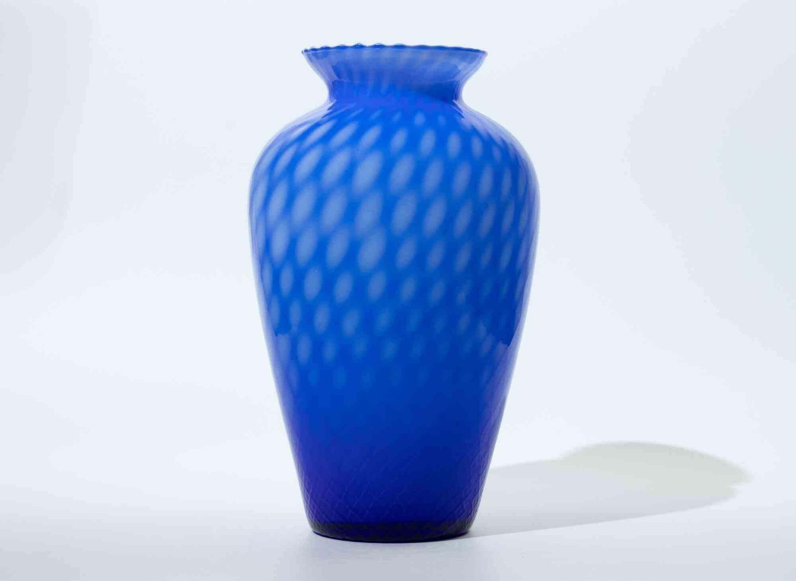 Murano Blue Art Glass Vase With Optic Pattern & Ruffled Rim, 1970s photo furniture