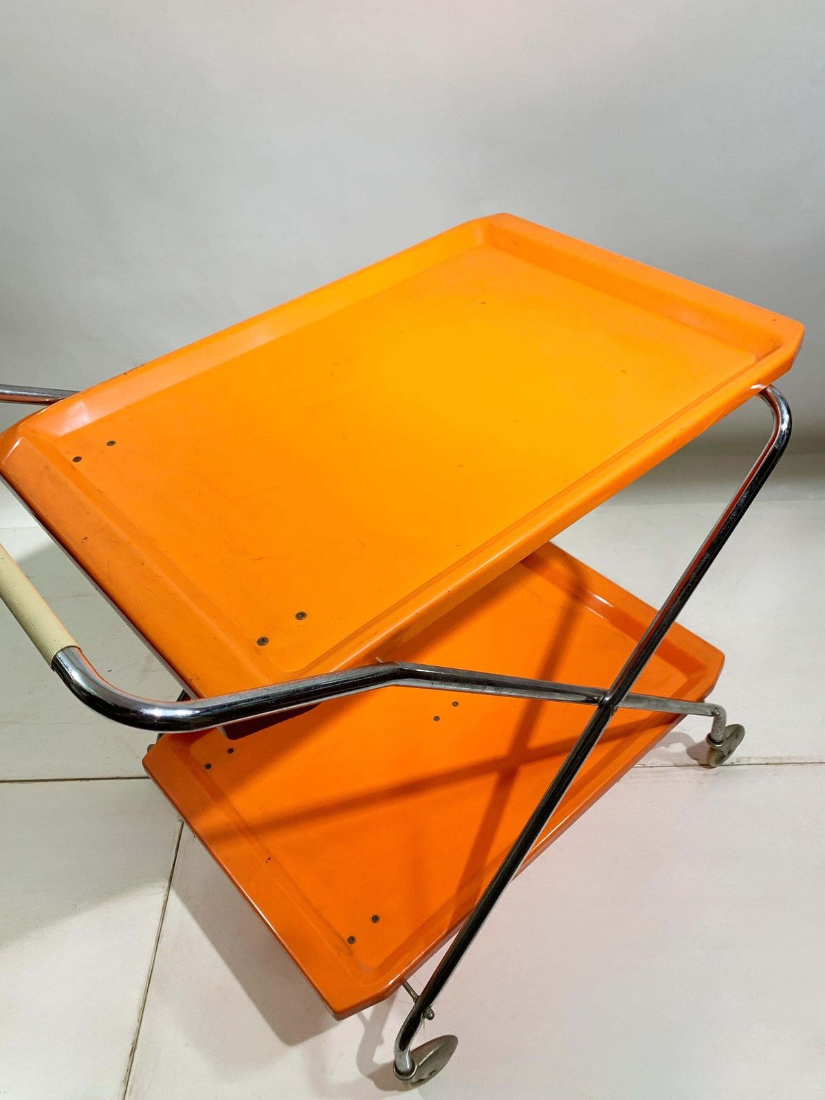 Space Age Italian Folding Bar Cart In Vibrant Orange And Chrome, 1970s photo buy