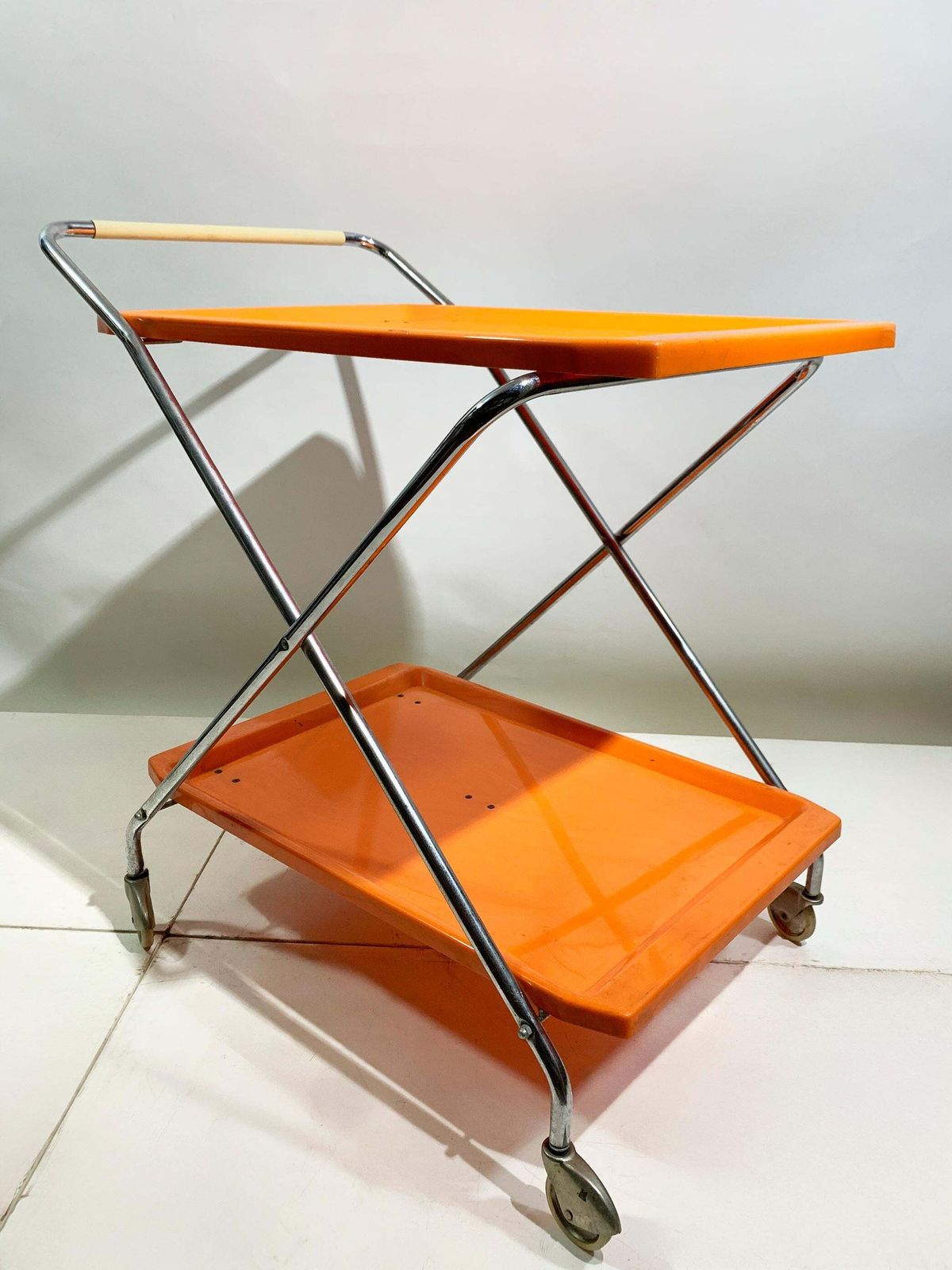photo furniture Space Age Italian Folding Bar Cart In Vibrant Orange And Chrome, 1970s