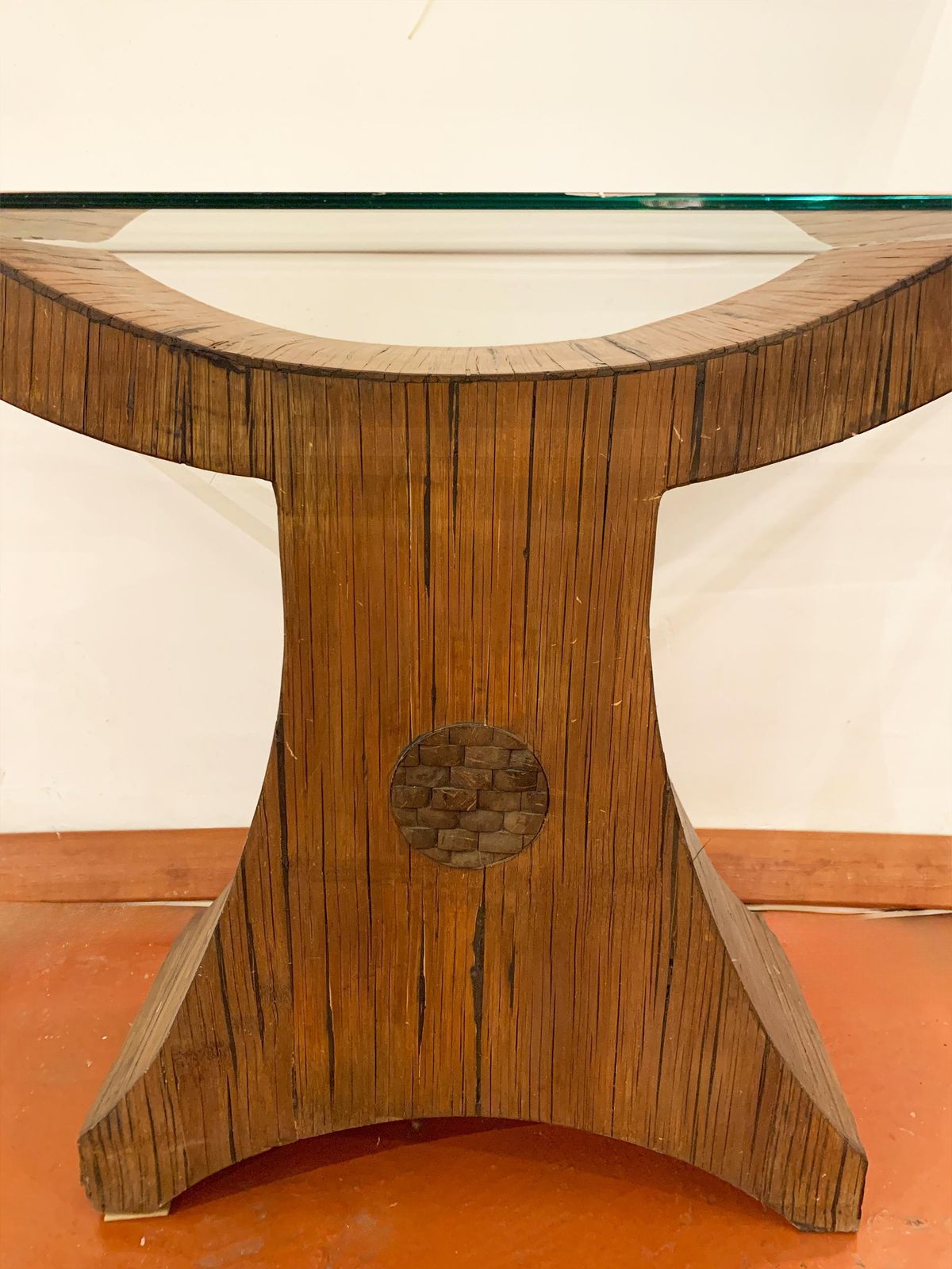 Postmodern Sculptural Pencil Reed & Glass Console Table With Wood Inlay, 1970's photo buy