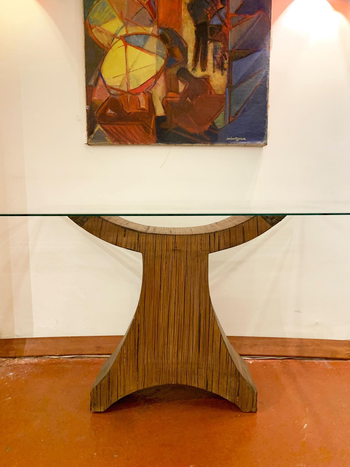 Furniture Postmodern Sculptural Pencil Reed & Glass Console Table With Wood Inlay, 1970's photo