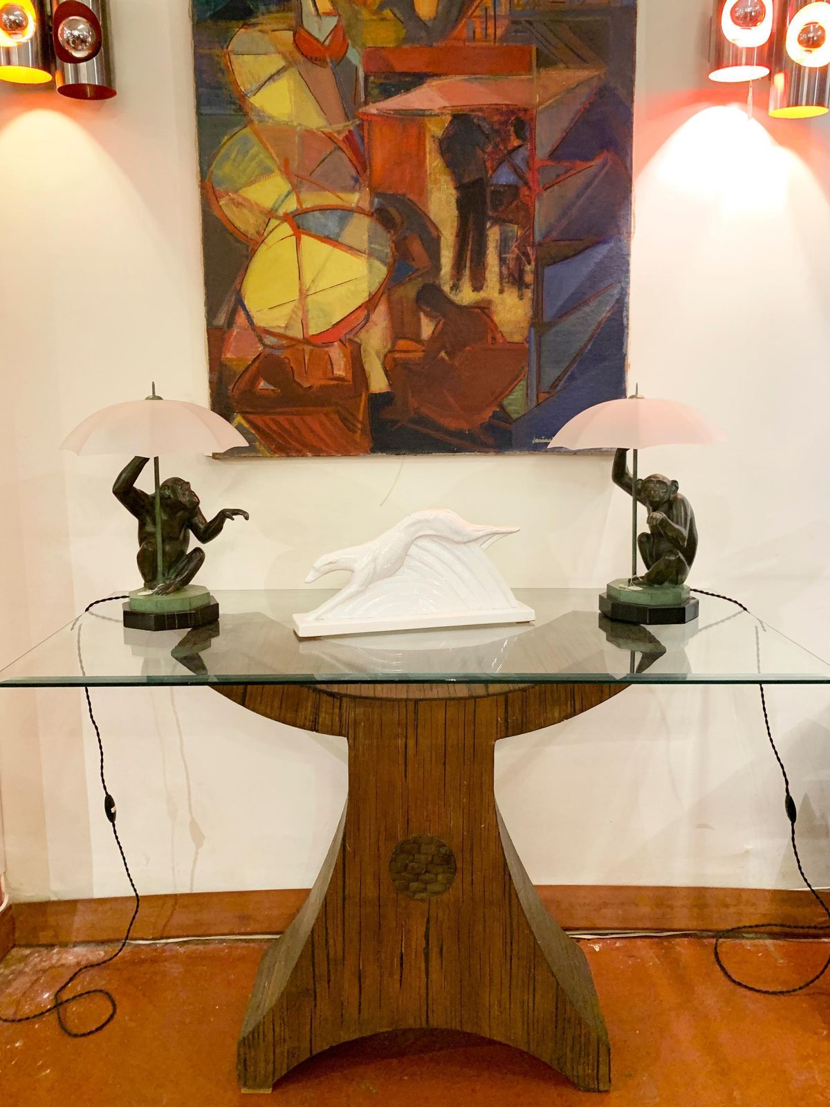 photo vintage Postmodern Sculptural Pencil Reed & Glass Console Table With Wood Inlay, 1970's