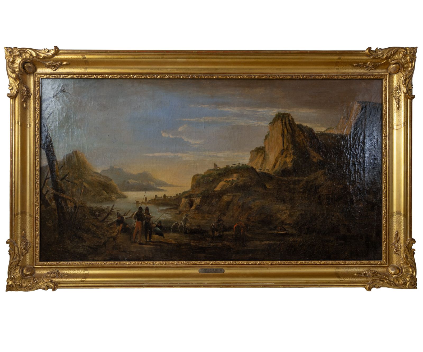 École italienne du XVIIe siècle, huile sur toile - Voyageurs se reposant près d'une crique rocheuse, Salvator Rosa