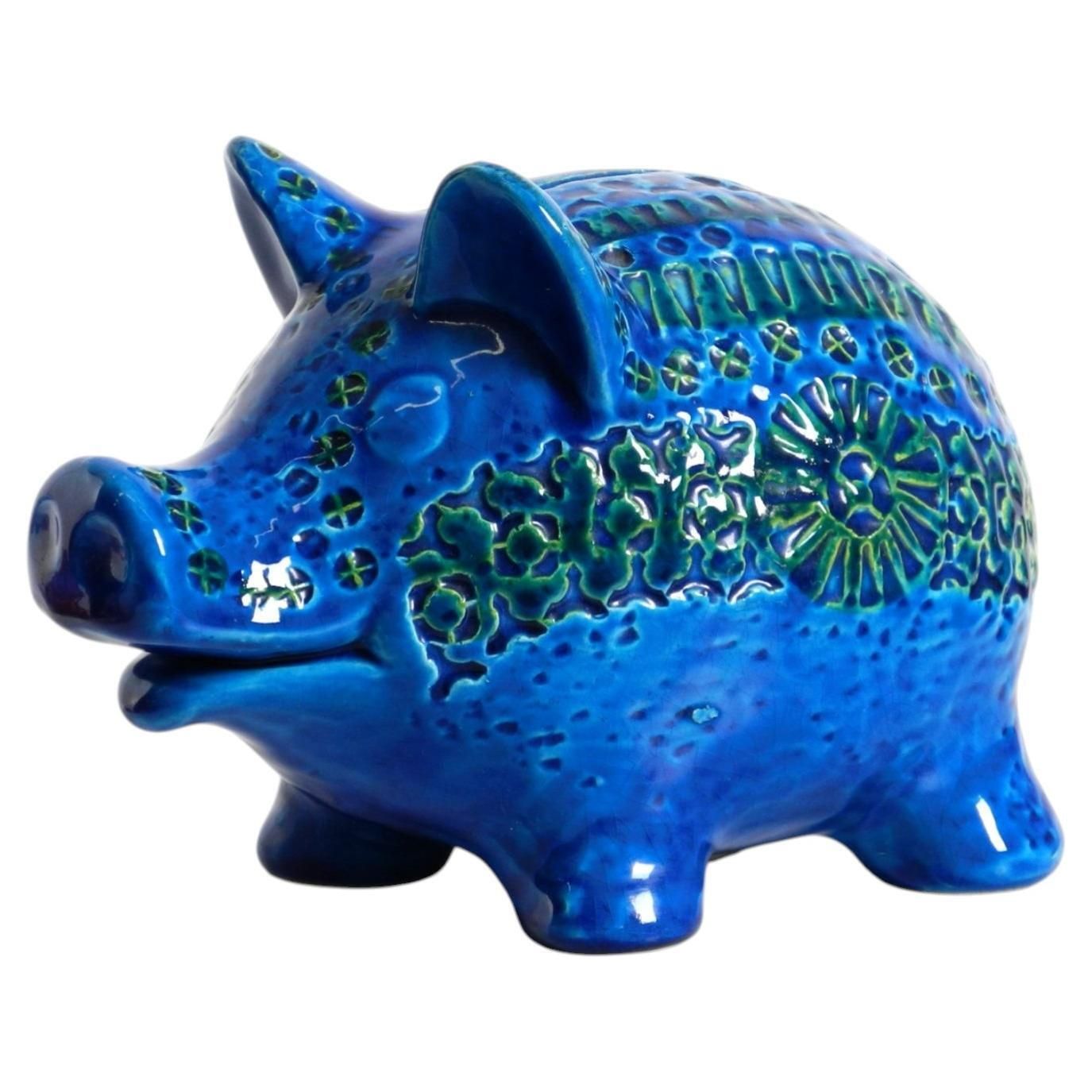 1960s Large Rimini Blu Ceramic Pig Money Box By Aldo Londi For Bitossi Italy