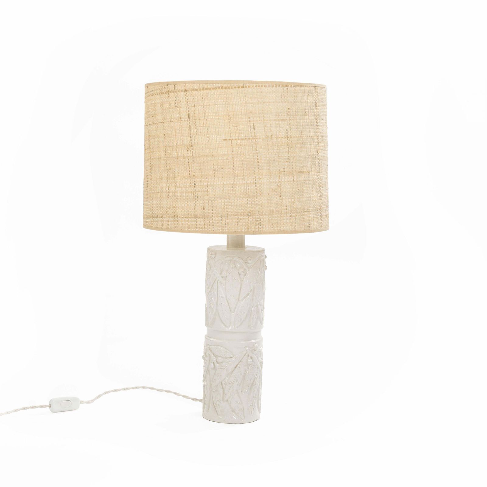 Mid Century Italian Glazed Ceramic Table Lamp With Beige Raffia Shade, 1960s photo furniture
