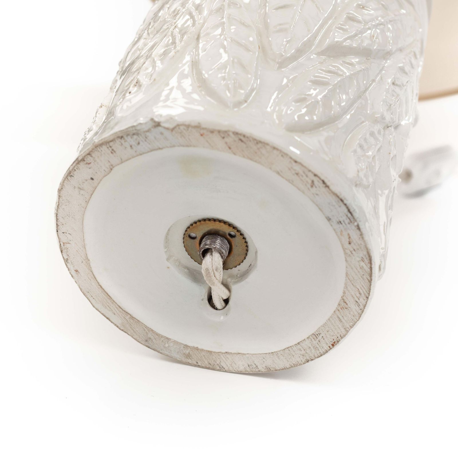 Lighting Mid Century Italian Glazed Ceramic Table Lamp With Beige Raffia Shade, 1960s photo