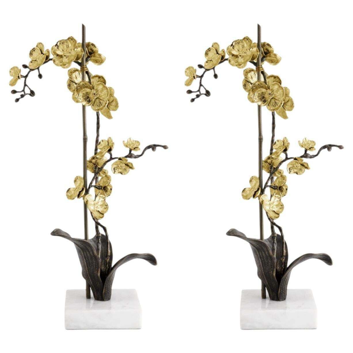 Pair Of Large Gold Metal Orchid Stem Sculptures, Contemporary Style