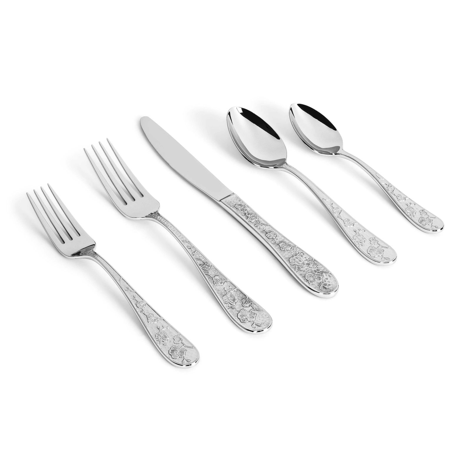 Ten Set Of 5 Piece Contemporary Silver Stainless Steel Floral Flatware photo furniture