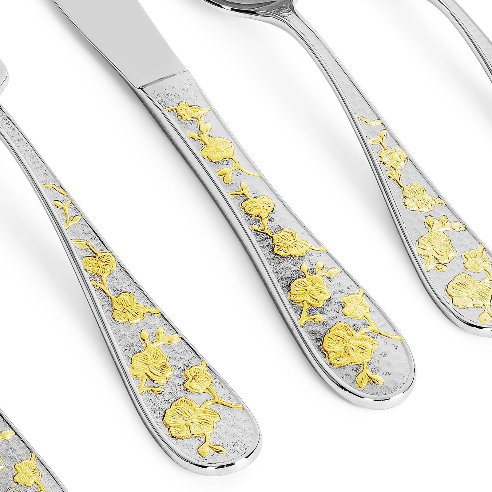 Ten Set Of 5 Piece Contemporary Gold Floral Stainless Steel Flatware photo furniture