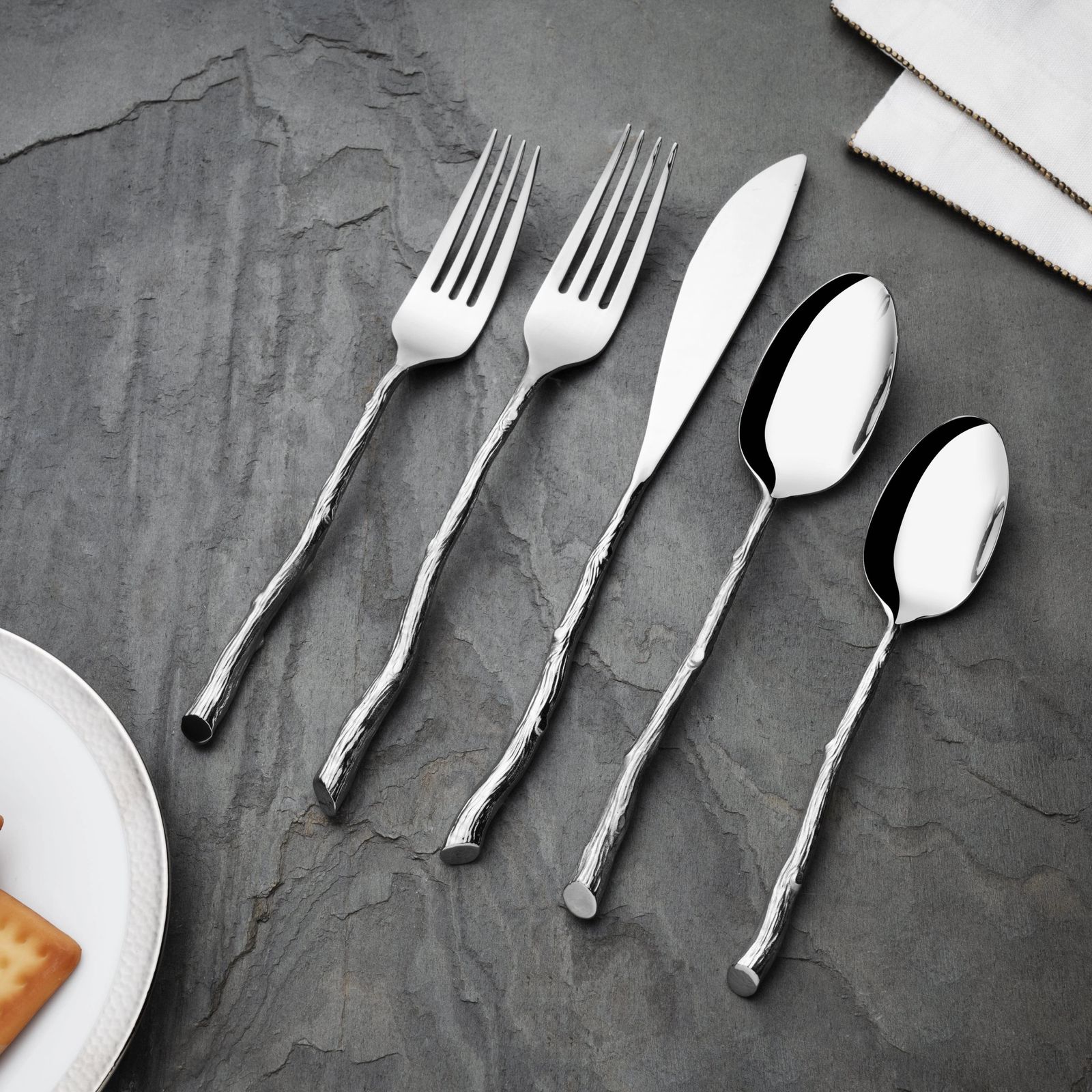 Ten Set Of 5 Piece Contemporary Silver Stainless Steel Twig Flatware photo Home Decor