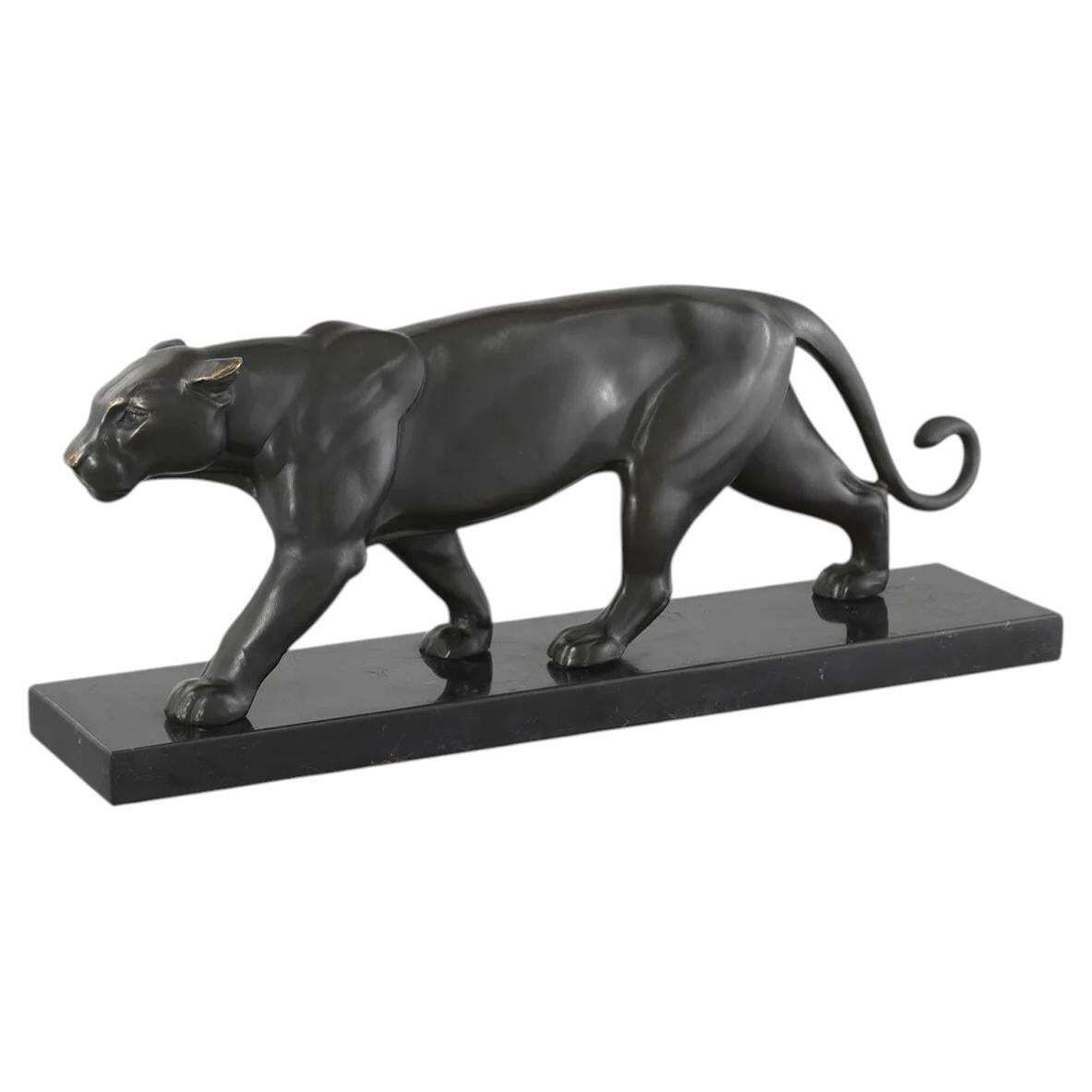 Panther Sculpture In Bronze Patina On Black Marble Base