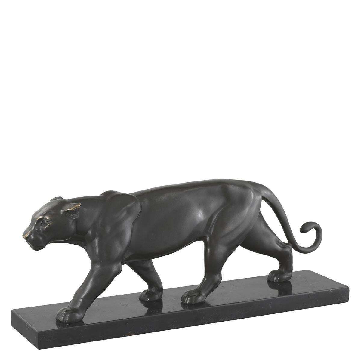 Panther Sculpture In Bronze Patina On Black Marble Base photo vinterior
